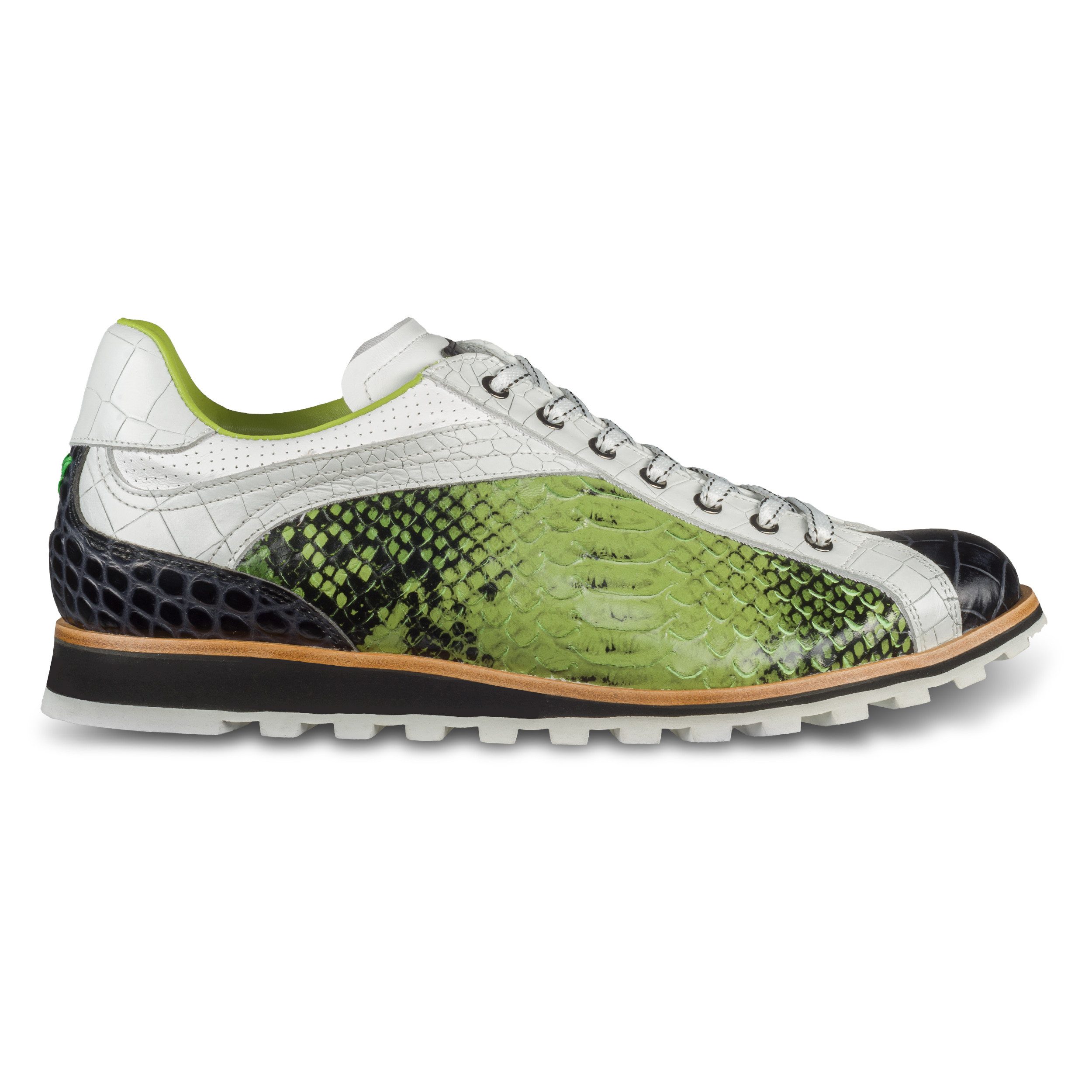 Lorenzi Lorenzi Herren Sneaker grün/weiß/schwarz – Leder Schlangenprägung Sneaker Besondere Merkmale	Handgefertigt