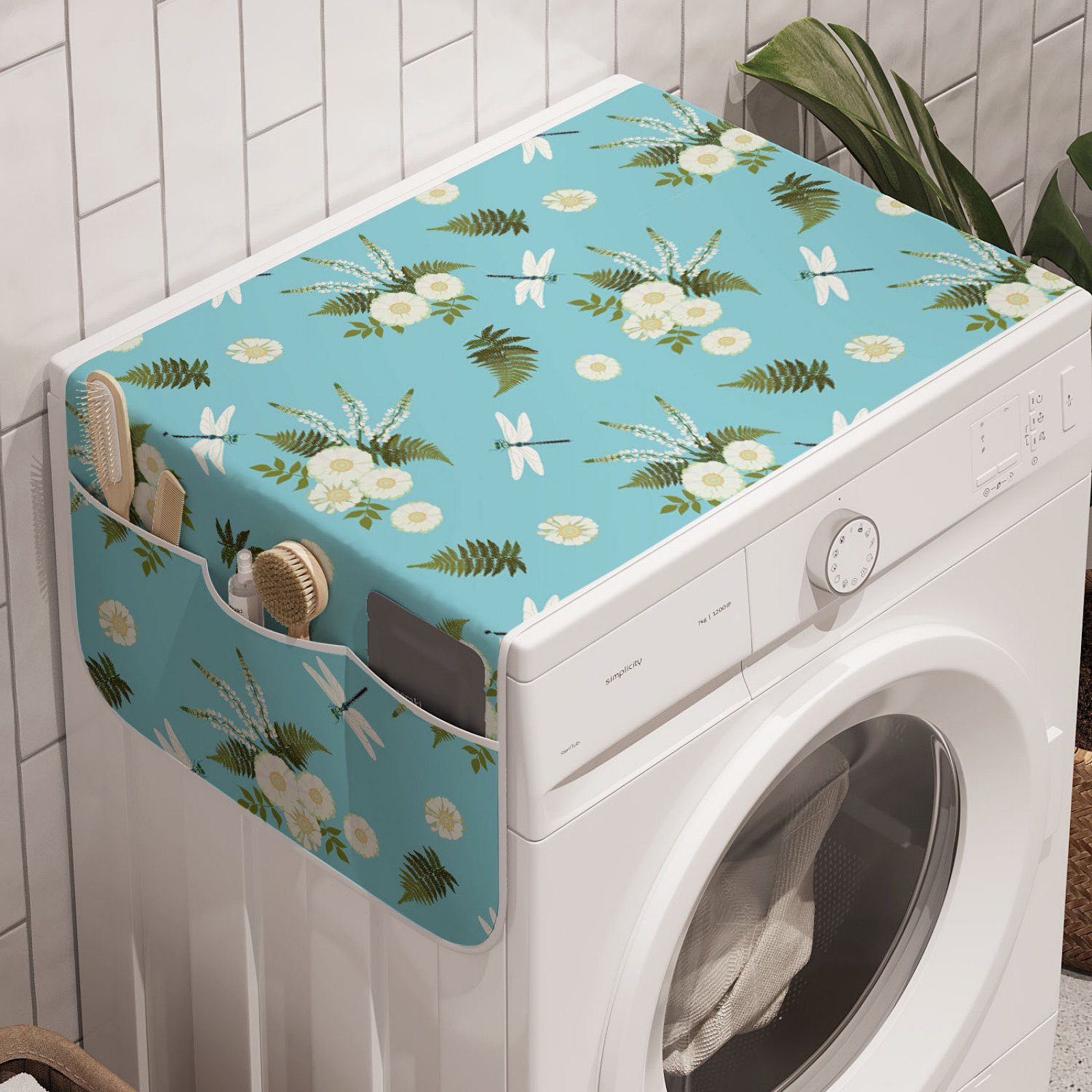 Abakuhaus Badorganizer Anti-Rutsch-Stoffabdeckung für Waschmaschine und Trockner, Blumen Vintage Gänseblümchen Libellen