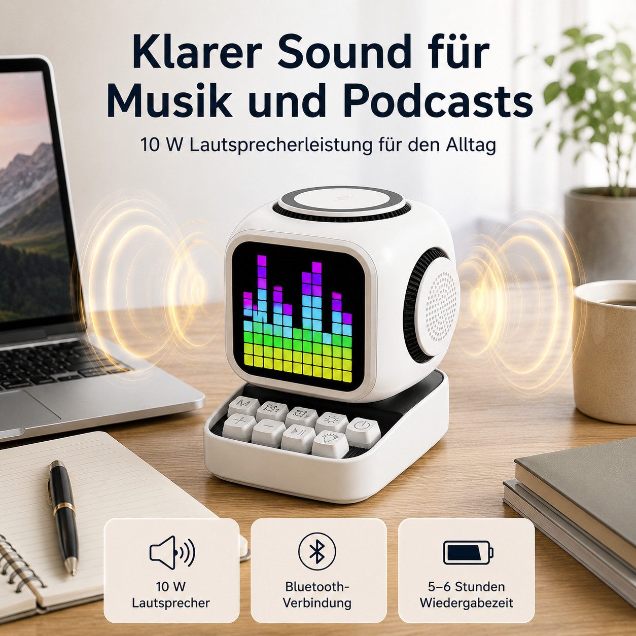 Tekoo Bluetooth Lautsprecher mit Wecker 15W Ladefunktion LED Display weiß Lautsprecher Stereo (Bluetooth, 10 W, 10W, 15W Ladefunktion, LED-Uhr, Weißes Rauschen)