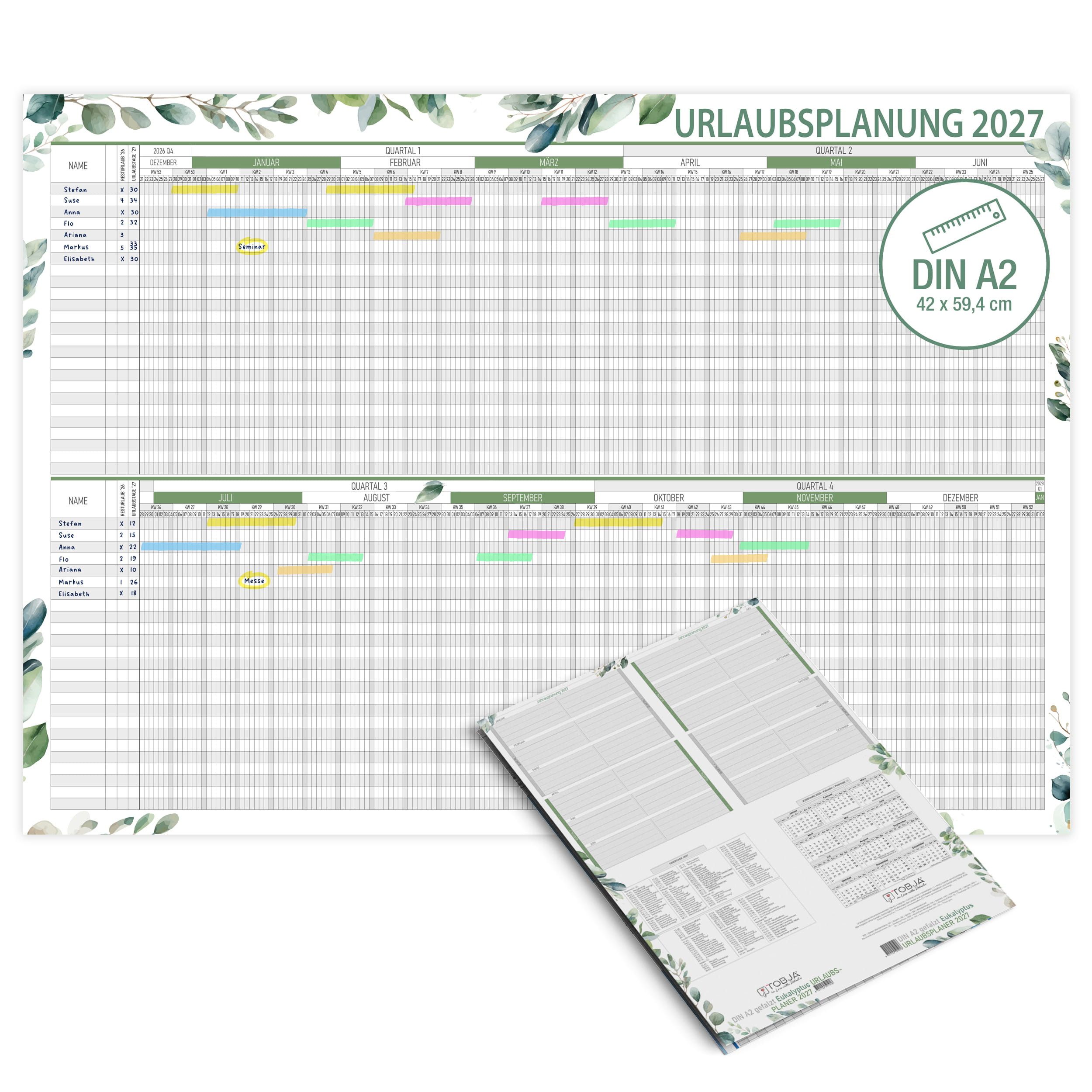 TOBJA Wandkalender Urlaubsplaner 2027 A2 Wandplaner 25 Mitarbeiter Eukalyptus, Urlaubskalender Mitarbeiterplaner Dienstplan Projektplaner