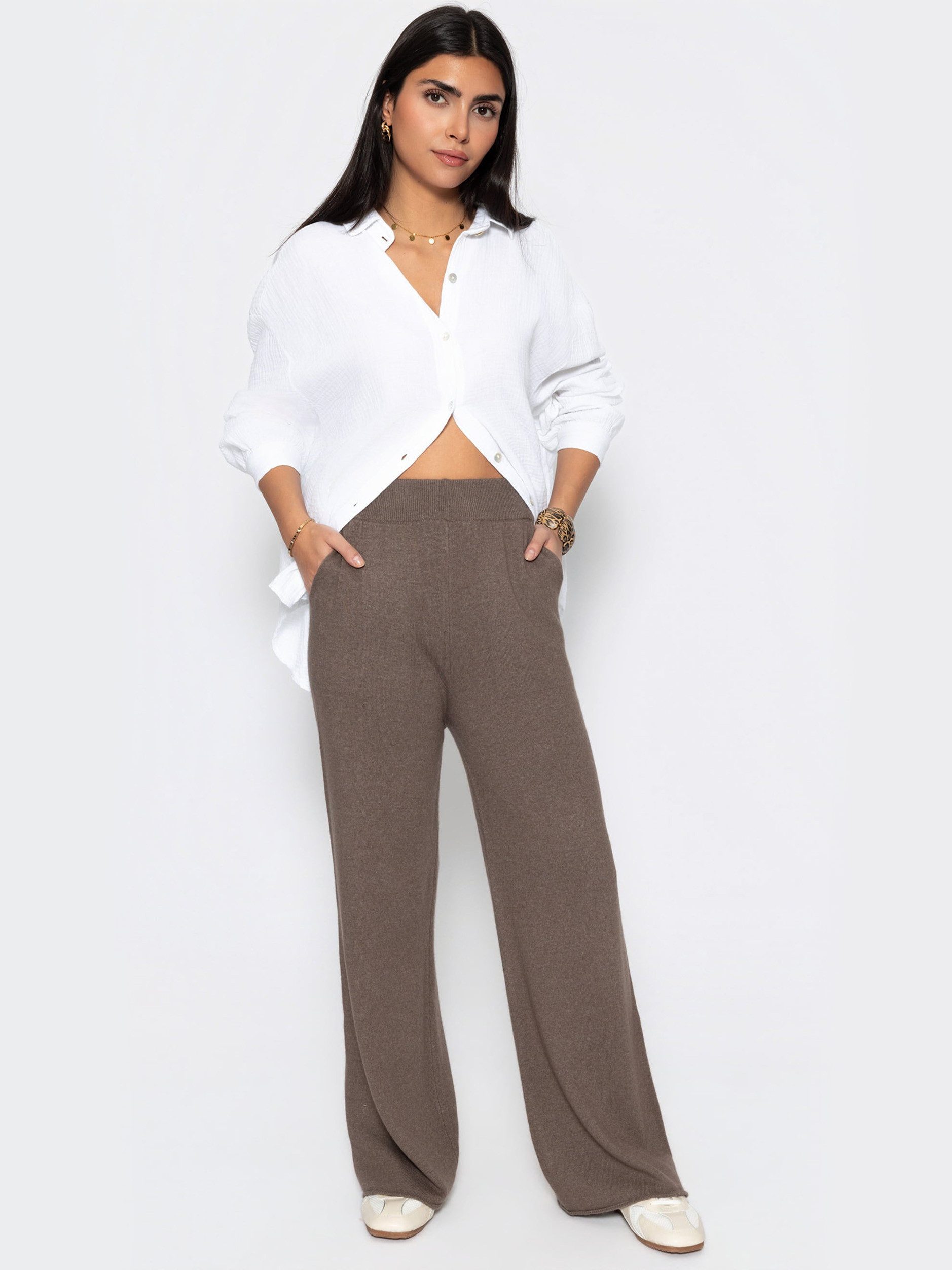 SASSYCLASSY Stoffhose Strickhose mit Kaschmiranteil für Damen Weiche Hose mit elastischem Bund und seitlichen Taschen Grau Taupe