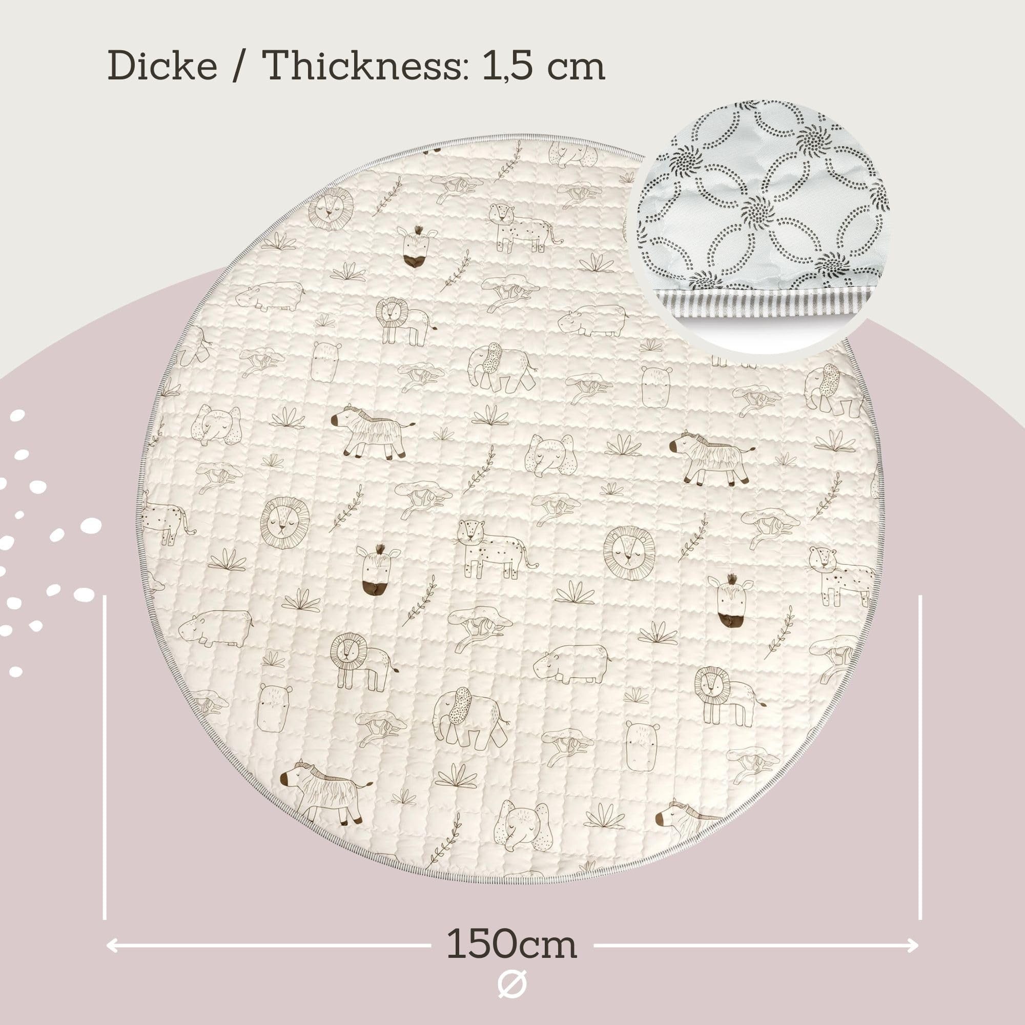 Krabbeldecke Gesteppte Baby 150cm – extra dicke 1,5cm weiche, Hakuna Matte, Spielmatte mit rutschfester Unterseite zum Krabbeln