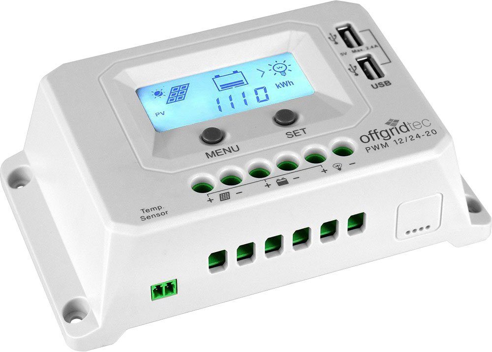 offgridtec Solarladeregler PWM Pro Контроллер заряда 12V/24V - 20A USB-Port, Integrierter Geräte-und Batterieschutz