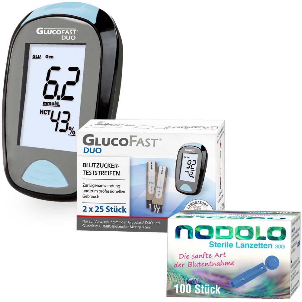 GLUCOFAST Blutzuckermessgerät DUO in MMOL, Blutzuckermessgerät komplettset, Ink. 60 Blutzucker Teststreifen, 110 Lanzetten und 1 Lanzettiergerät