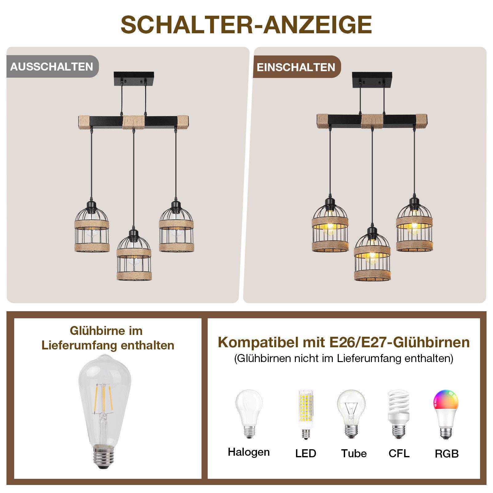 Rosnek LED Pendelleuchte 3-flammige Rattan Küchen Pendelleuchte – Höhenverstellbar & DIY, Halogen, warmweiß, Farmhouse Hängelampe für Kitchen Island & Esszimmer, Leuchtmittel inkl