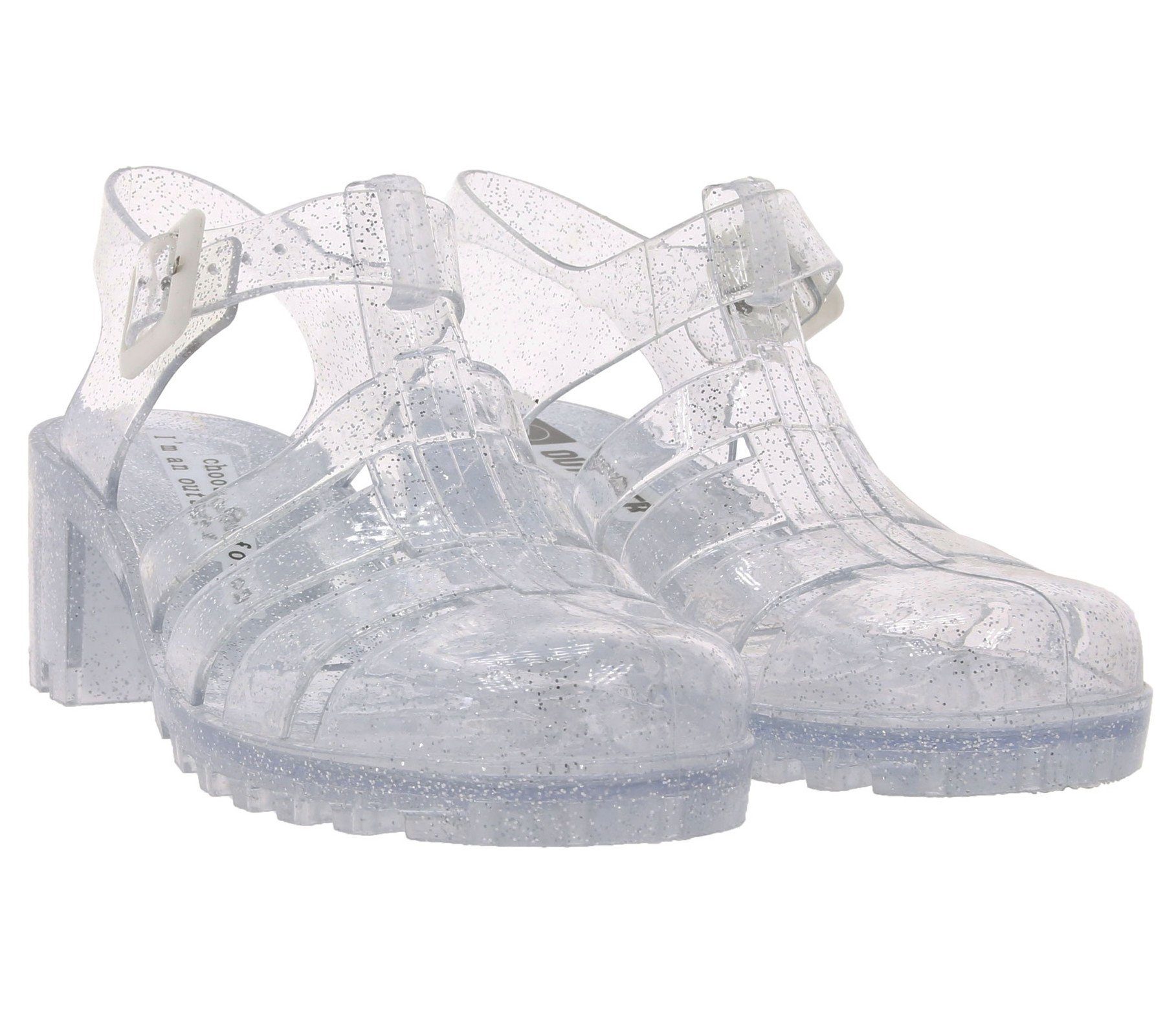Sixtyseven OUTSIDER by SIXTYSEVEN Sandale Schuhe durchsichtige Damen  Absatz-Sandaletten Sommer-Schuhe Silber glitzernd Sandalette