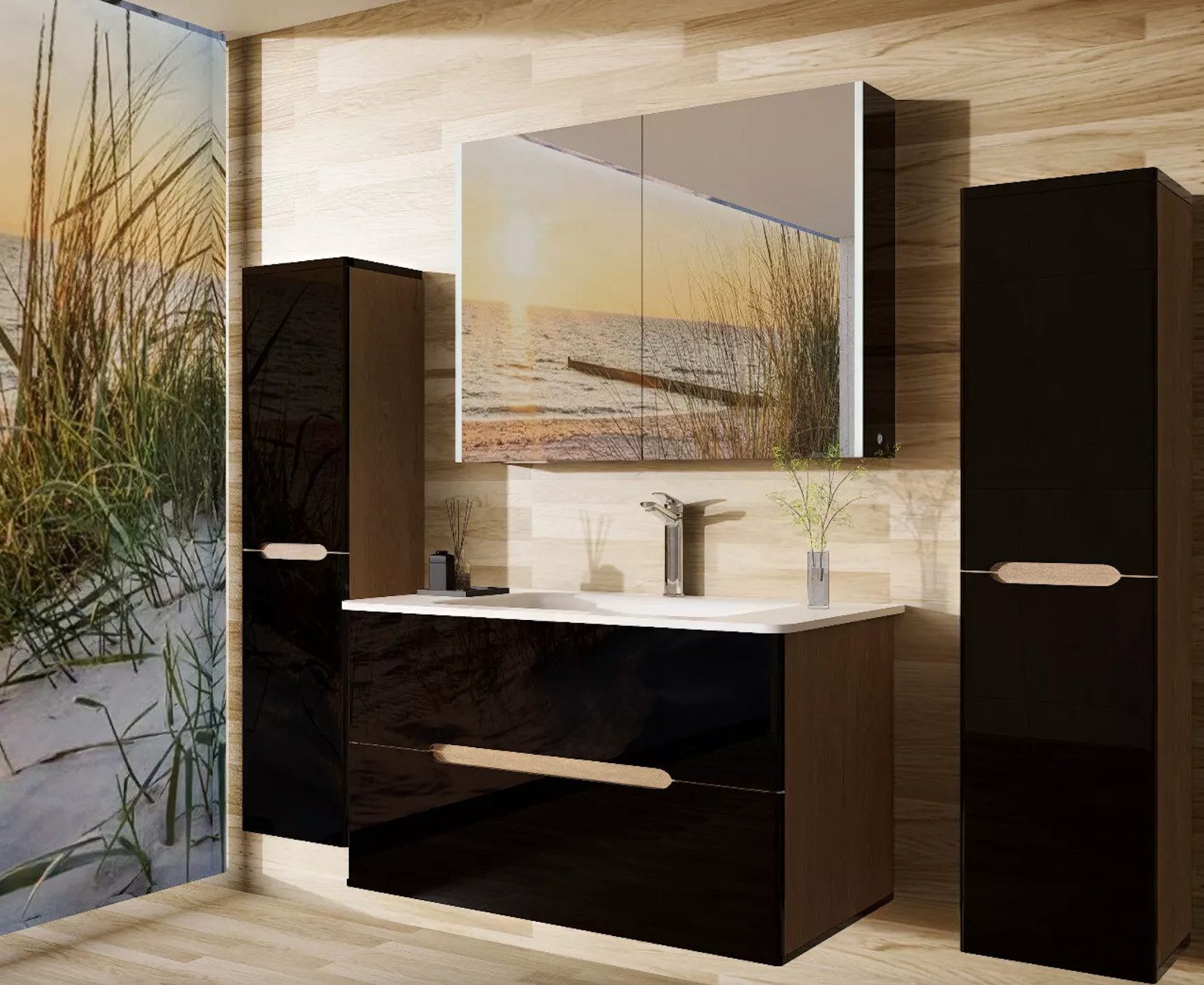 Homeline Badmöbel-Set Sky Badmoebel Set Schwarz Weiß Eiche Hochschglanz Spiegelschrank, (Spar Set, 5-St., Bad Möbel set besteht aus 5 Teilen), Spiegelschrank, Hochglanz