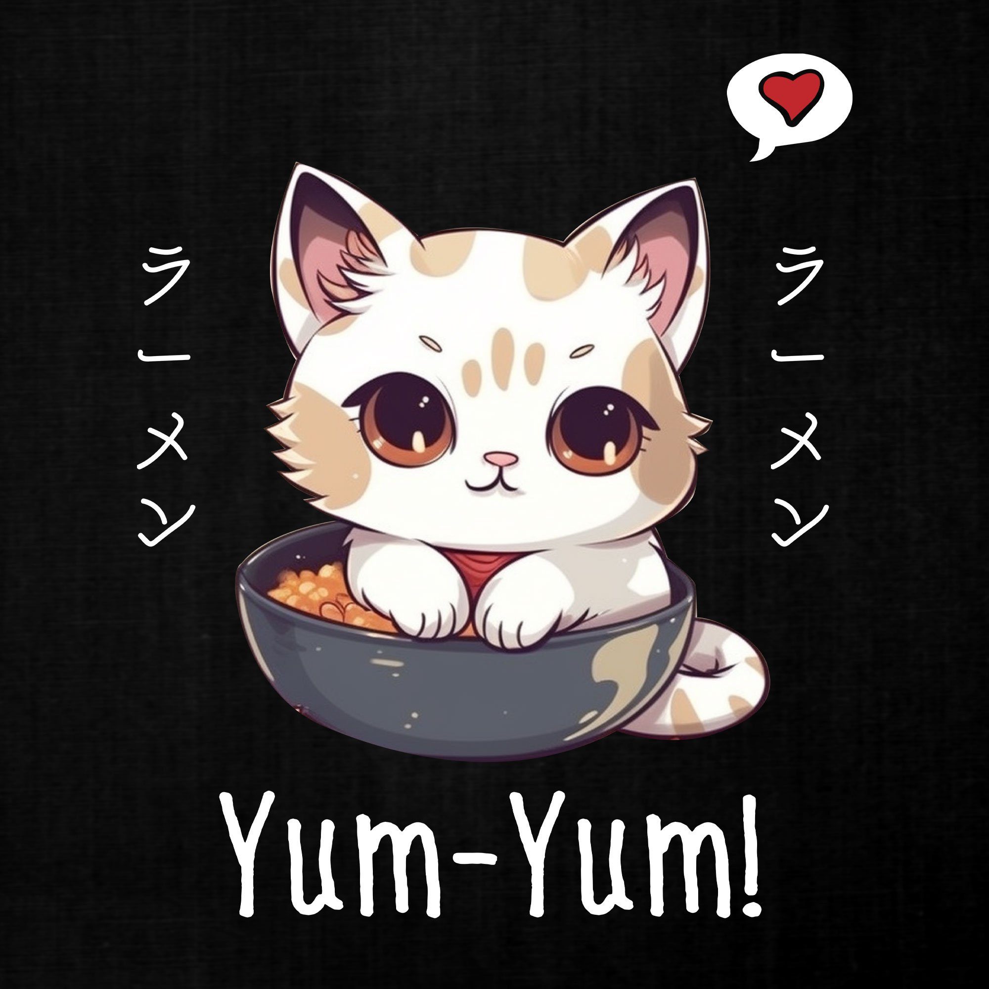 Yum (1-tlg) First Katze Herren Formatee Schwarz Ramen Anime Nudeln T-Shirt Kurzarmshirt Japanische Quattro Japan