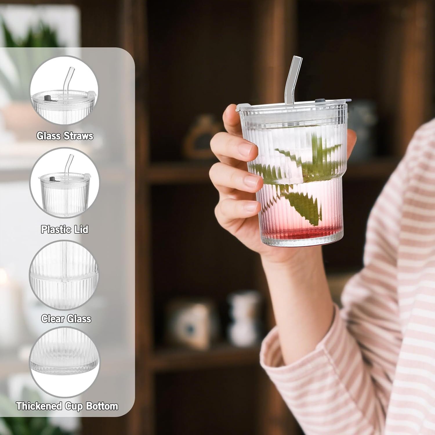 FANNOU Gläser-Set Gerippte Glasbecher mit Deckel und Strohhalm, 2-tlg., luftdichtes und wasserdichtes Design, ideal als Kaffee