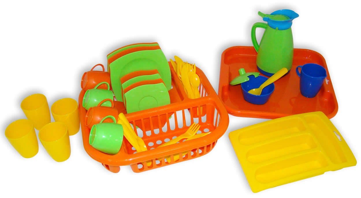 WADER QUALITY TOYS Spielgeschirr Abtropfgestell 40 tlg Tablett Speiseservice, (Set)