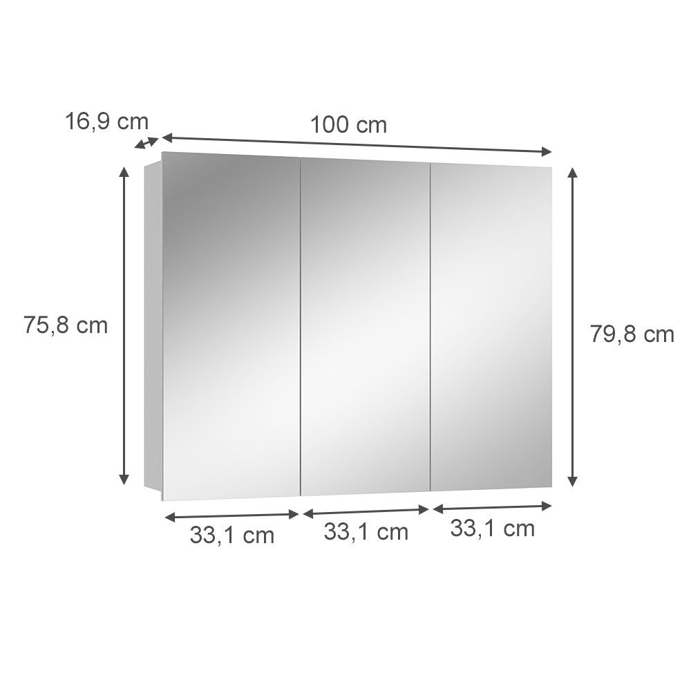 Vicco Badezimmerspiegelschrank Sola, Weiß, 100 x 79.8 cm mit 3 Türen (1-St)