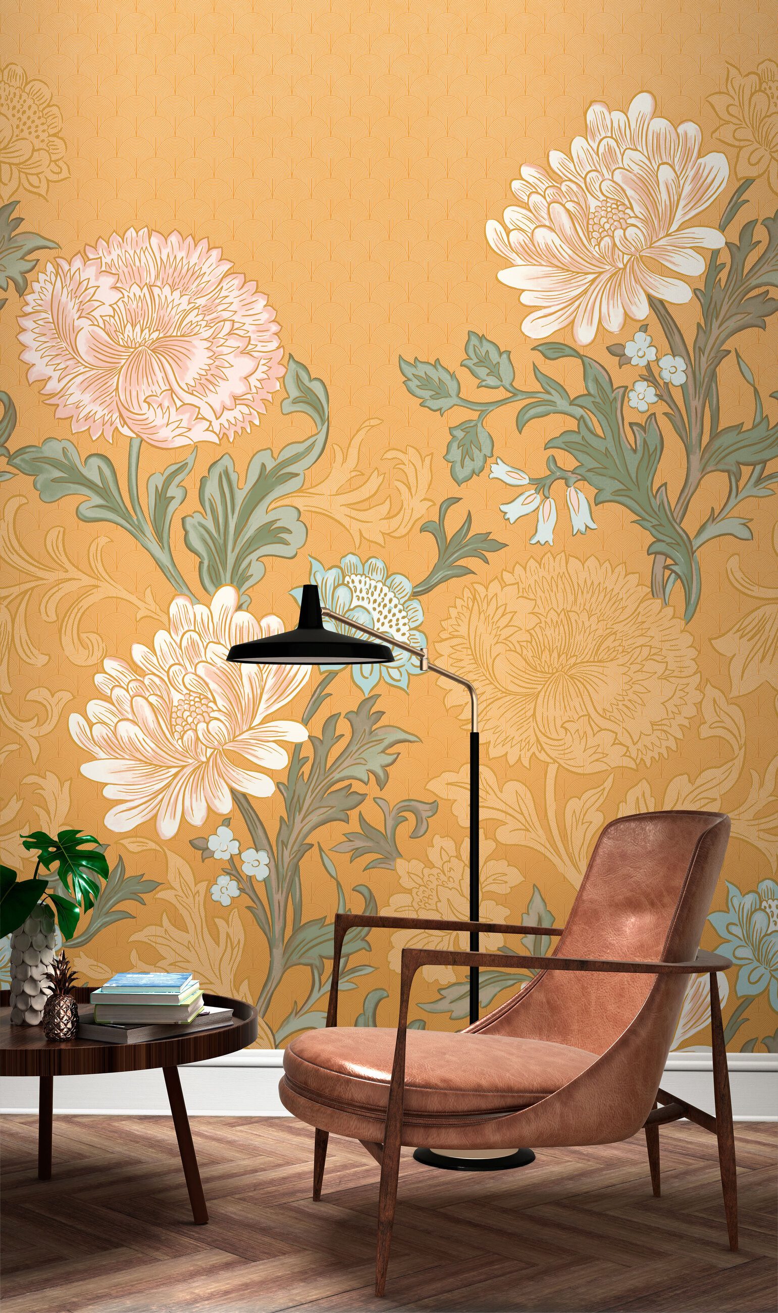Rasch Fototapete Blätter & Blüten - Vliestapete Gelb, floral, (1 Rolle, 1 St., 3 m x 2 m), Lichtbeständige Farben - Feucht abwischbar - Restlost abziehbar