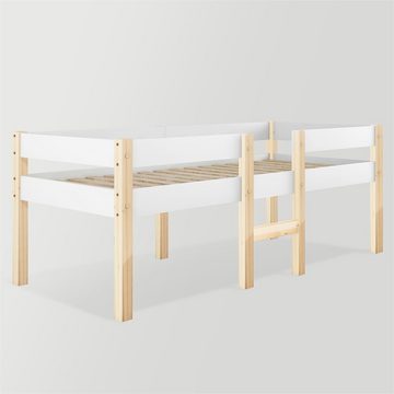 XDeer Kinderbett Jugendbett Rausfallschutz Kiefer Vollholz 90x190 cm Weiß Eiche, Kinderbett für Mädchen und Jungen aus massivem Kiefernholz