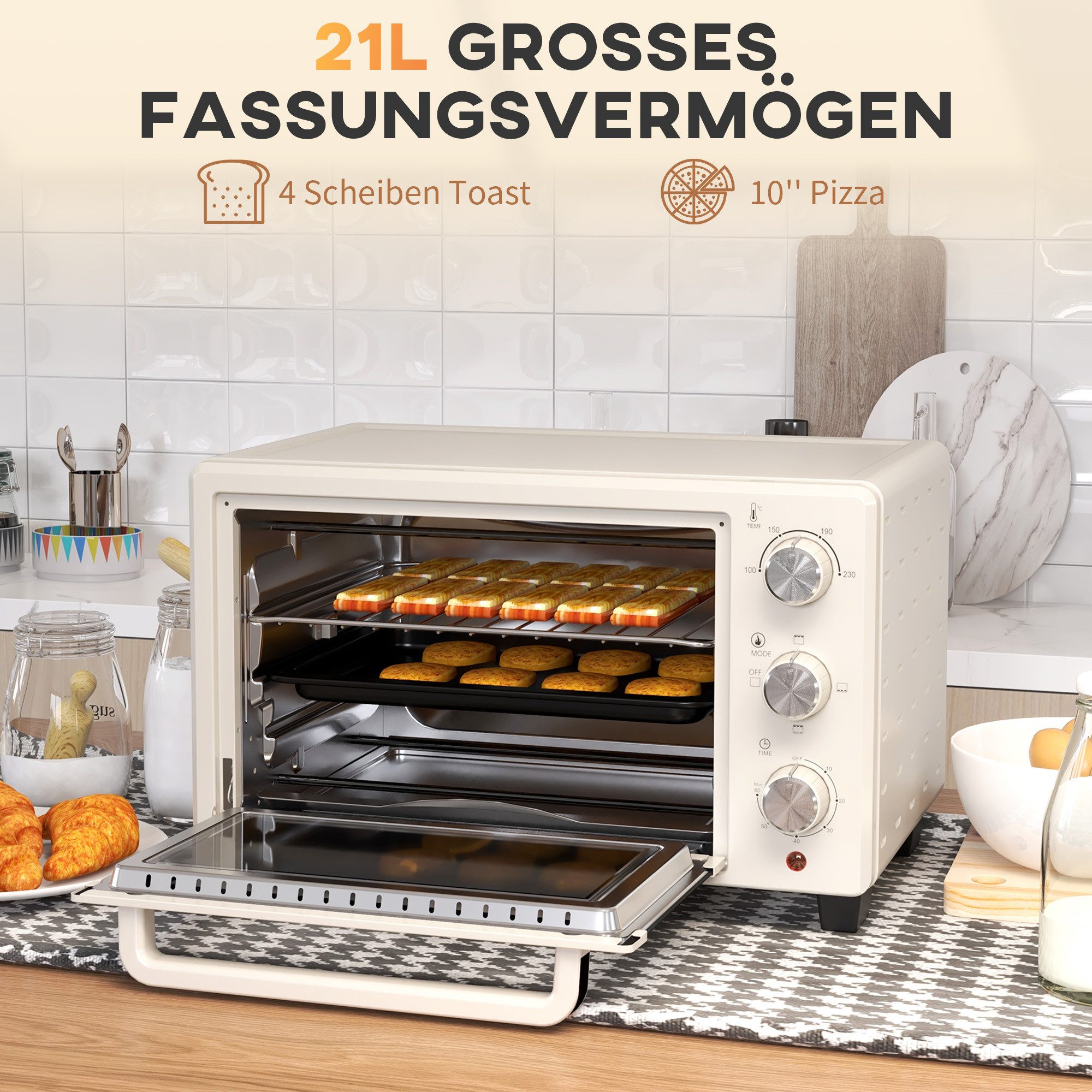 Rutaqian Minibackofen Minibackofen, Backofen 21 L Toasterofen,3 Kochmodi, 100 -230 °C, mit 1 Drahtgestell und 1 Backblech, Edelstahl, Glas, Cremeweiß