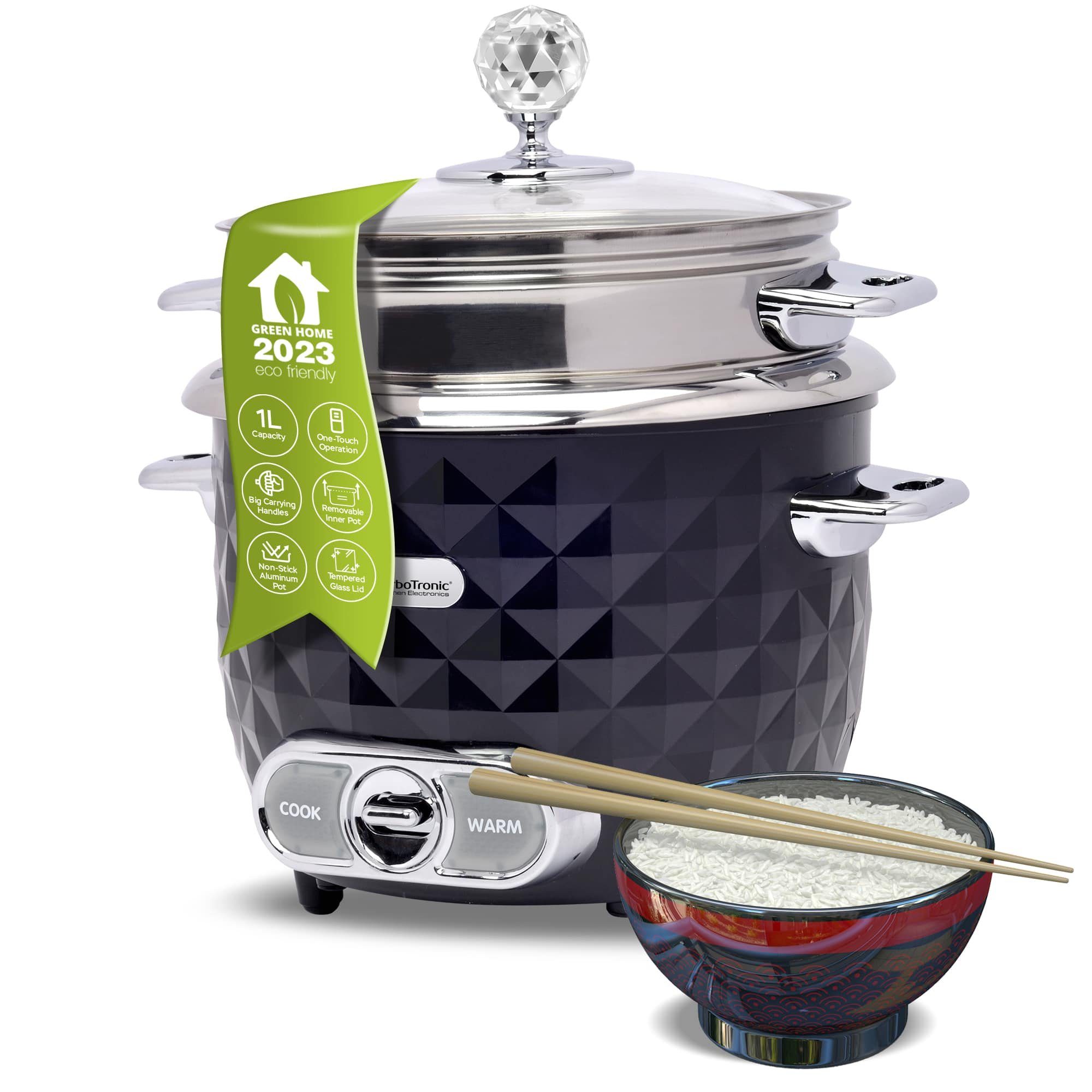 TurboTronic by Z-Line Reiskocher 1 Liter mit Dampfgareinsatz aus Edelstahl PLASTIKFREI, 400 W, mini Design Dampfgarer kleiner Reistopf Milchreis Cooker