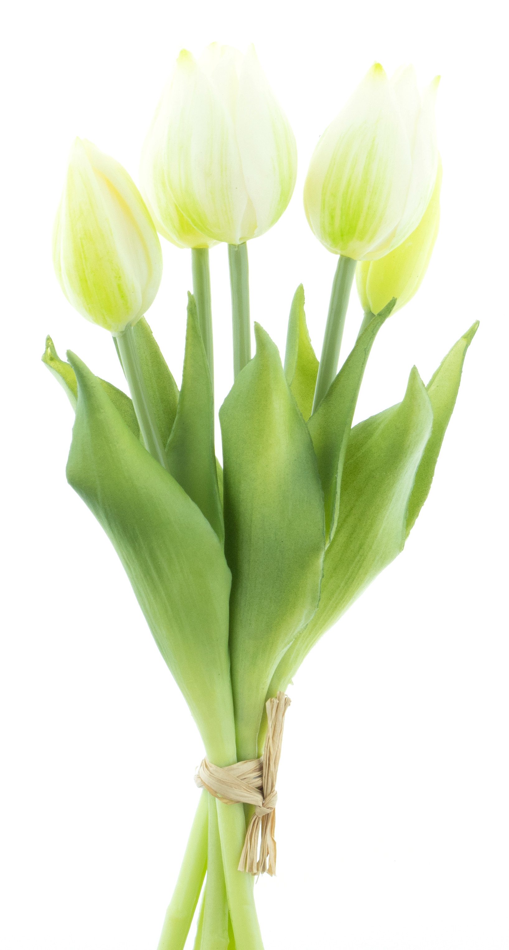 Kunstblumenstrauß Tulpenbund 26cm Tulpen mit 3 Tulpen und 2 Tulpenknospen real Touch, mucPlants