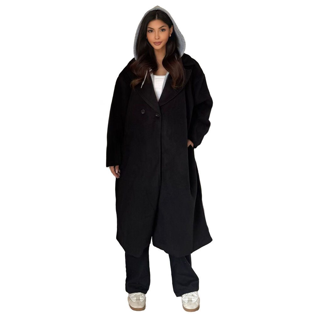 Ital-Design Langmantel Langer Damen-Mantel mit Kapuze für den Herbst (90764006) Kapuze (abnehmbar) Leichte Mäntel in Schwarz