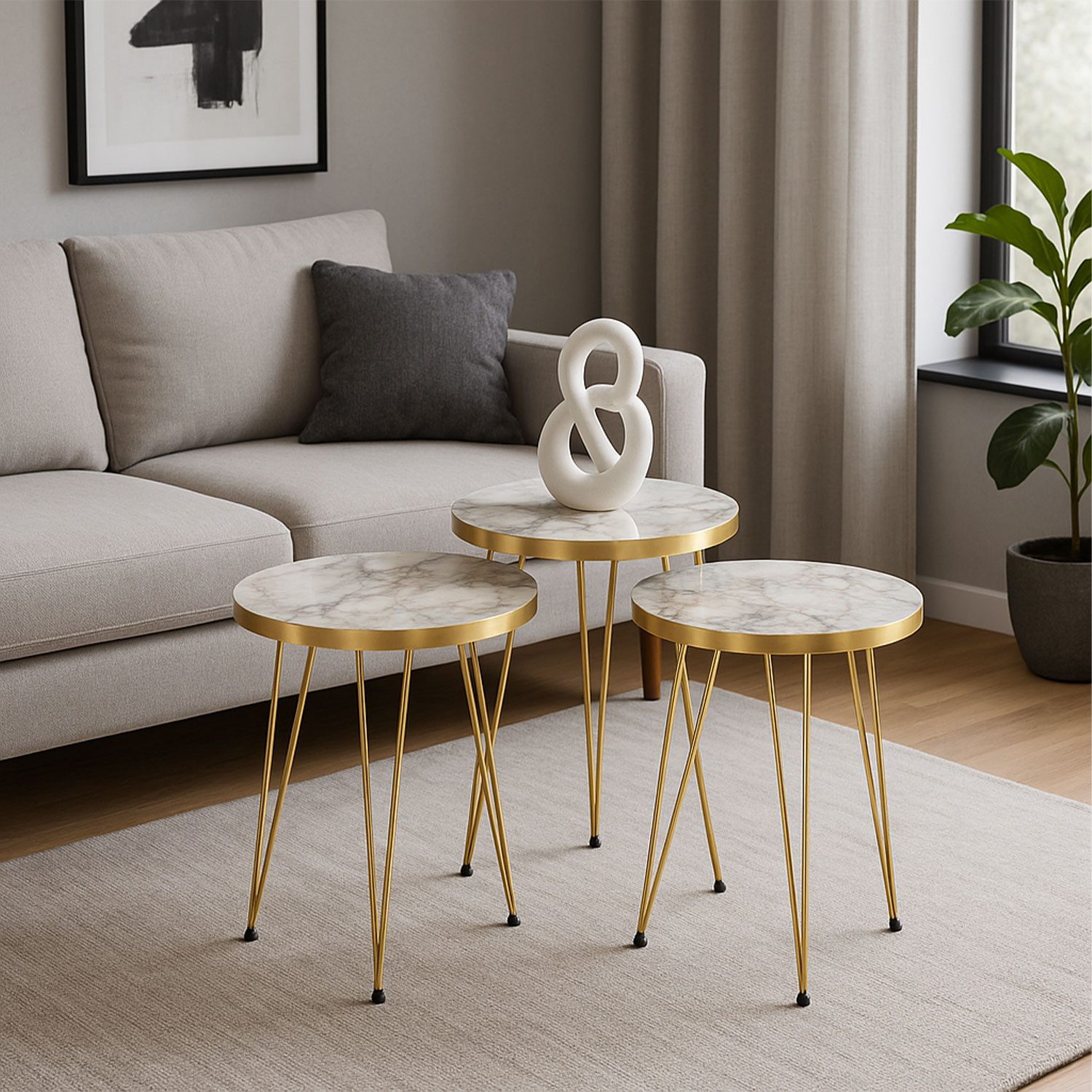 Jungengel Beistelltisch Set 3-teilig rund Marmoroptik Weiß Gold Retro Moder günstig online kaufen