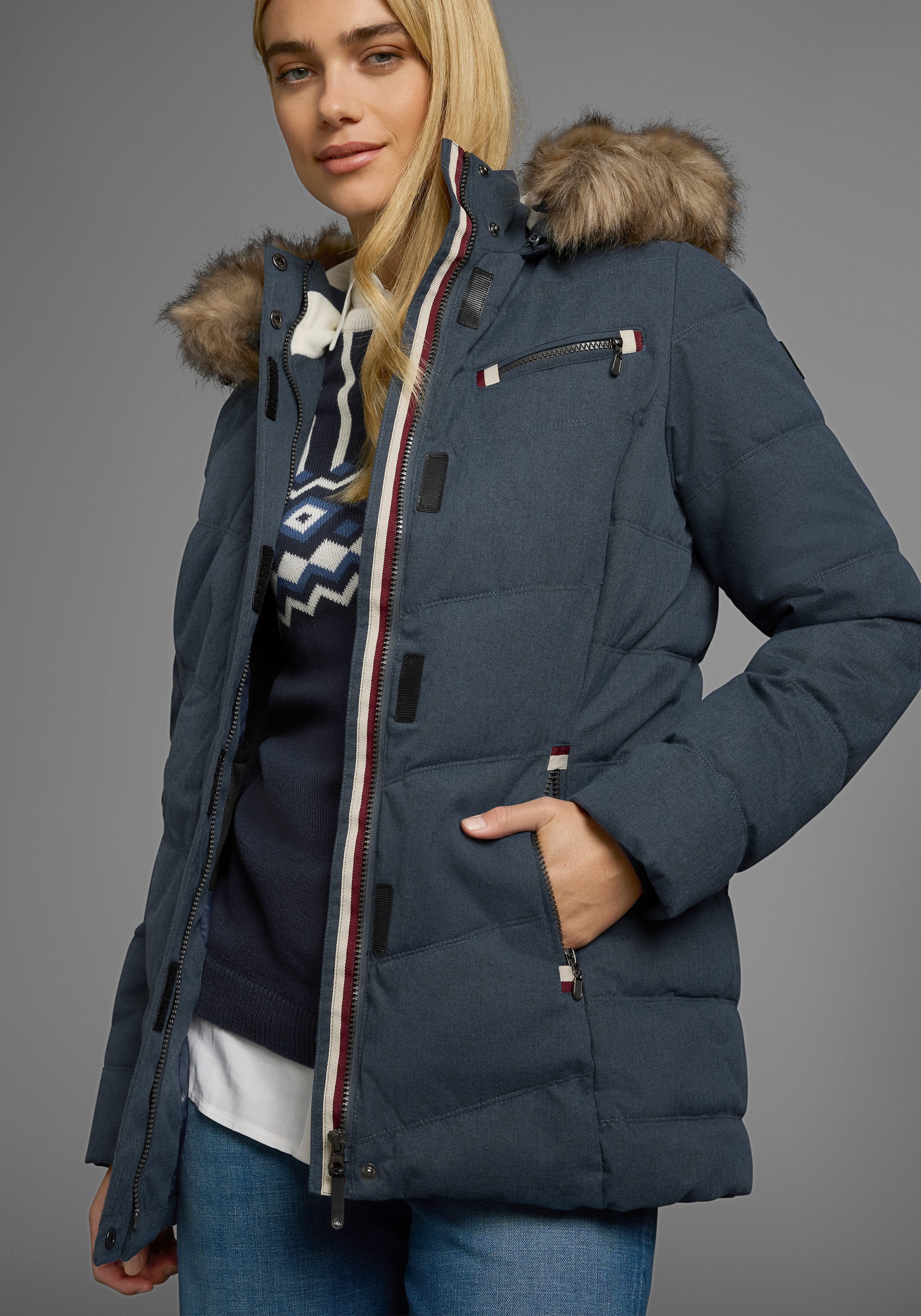 Polarino Steppjacke mit abnehmbarer Kapuze, mit Fellimitat, viele Taschen