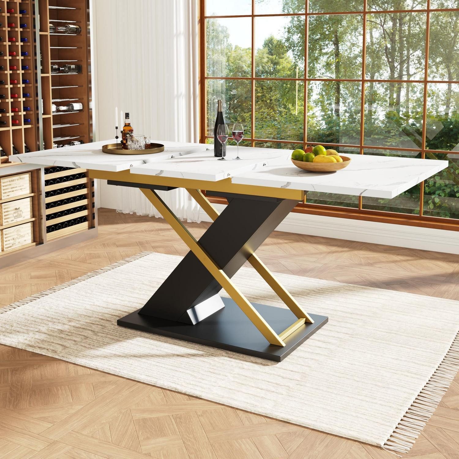 LuxusKollektion Esstisch Esstisch Ausziehtisch 120-160x80 cm MDF Marmormuster Kreuzbeine (1-St)