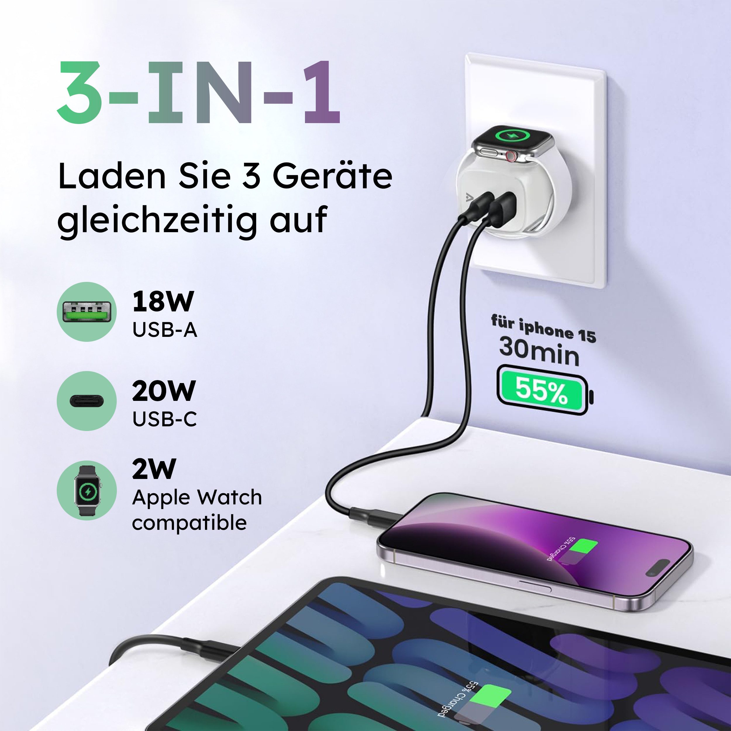 alkaya. alkaya. NEXUS 3in1 Ladegerät 22W mit USB-C, USB-A und Apple Watch Smartphone-Ladegerät – Bild 3 von 5