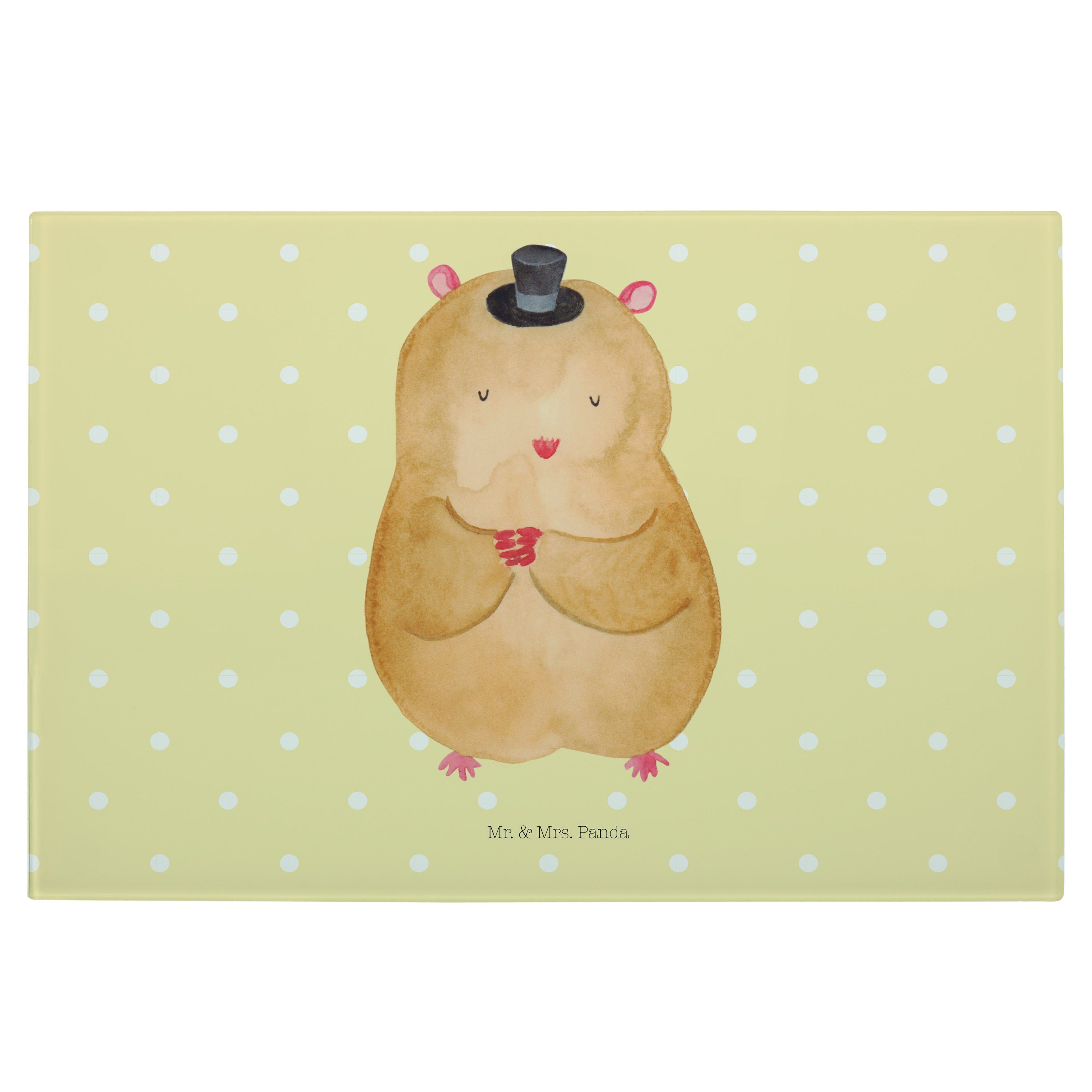 Mr. & Mrs. Panda Servierbrett Hamster mit Hut - Gelb Pastell - Geschenk, Gute Laune, Schneidebrett, Premium Glas, (1-St) | Servierbretter