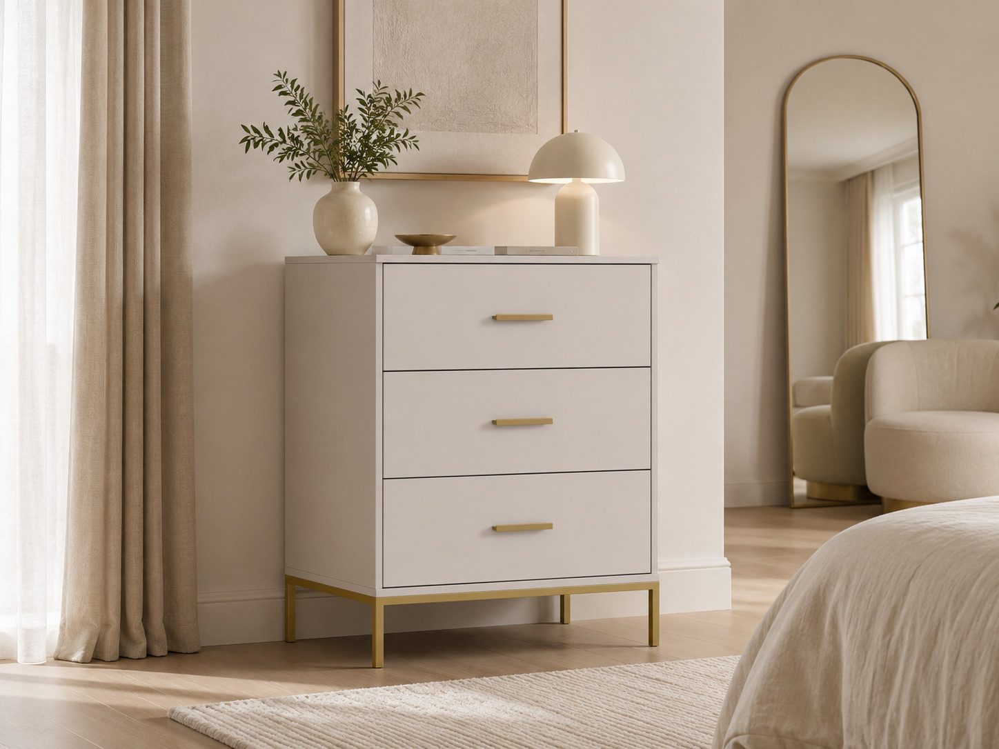 MOEBLO Kommode GLAMY 3S (Moderne Aufbewahrung mit 3 Schubladen, goldfarbenen Griffen & Füßen, Laminat kratzfest, stilvolles Wohnzimmer-, Schlafzimmer- oder Flurmöbel, Luxus trifft Funktionalität, goldene Akzente, Sideboard Wohnzimmer Kommode Schlafzimmer Komodenschrank), (BxHxT): 70 x 85 x 40,5 cm
