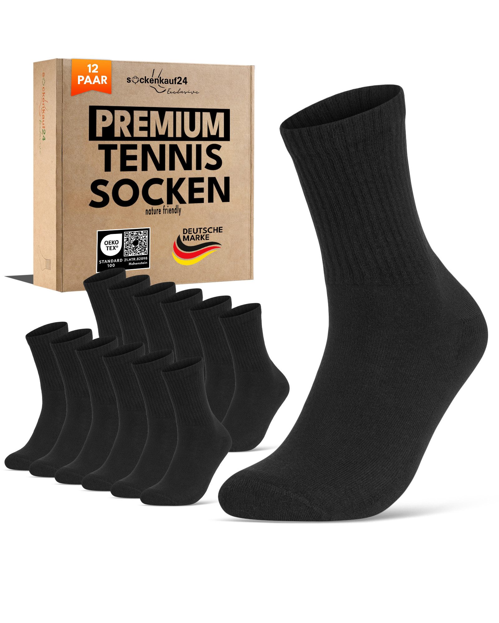 sockenkauf24 Tennissocken Herren Sportsocken Premium Retro Crew Socken mit Komfortbund (12-Paar) verstärkte Ferse & Fußspitze, gepolsterte Sohle, gekämmte Baumwolle