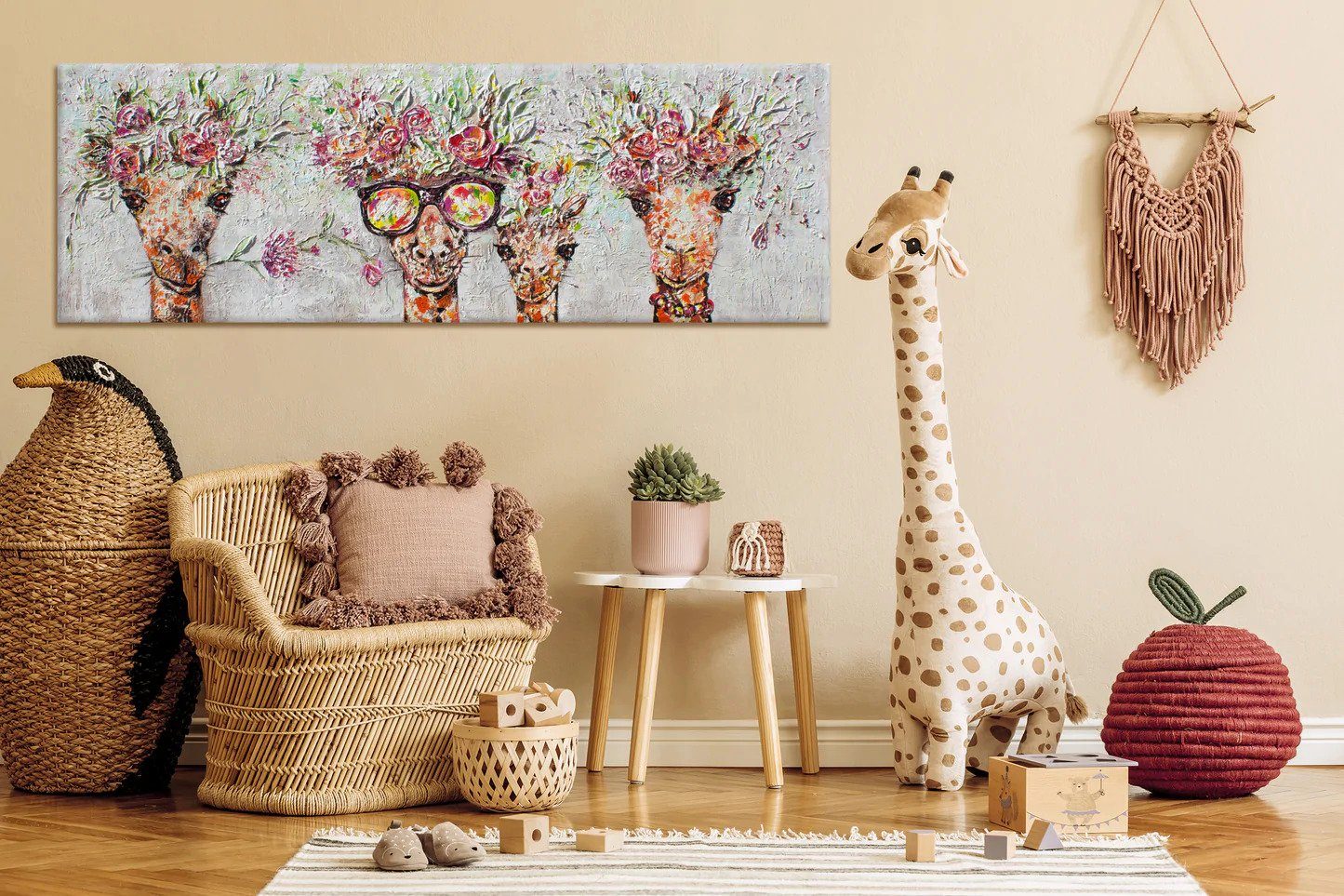 Giraffen, Bild Leinwand Giraffen Ohne YS-Art Handgemalt Blumen Tierbilder, Bunte Schattenfugenrahmen Braun Gemälde Brille