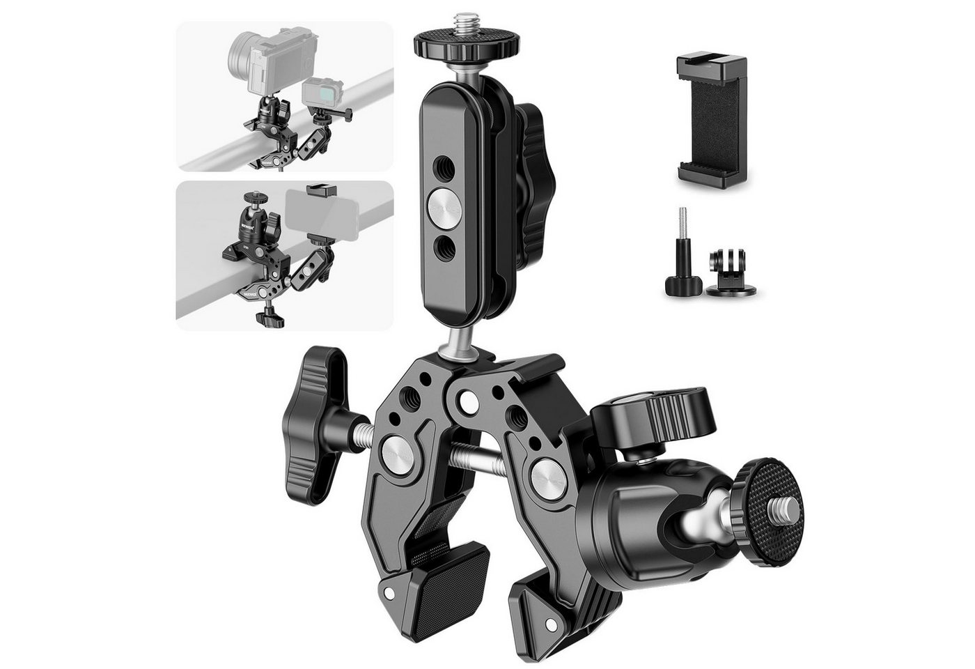 Neewer Kamerahalterung ST85 Super Clamp mit 7.6 cm Doppelkugelkopf-Magic-Arm, (bis 3,3 Zoll, Packung, Farbe:schwarz, Grundfarbe:schwarz, mit 360° Kugelkopfadapter, Klemmhalterung für GoPro DJI Smartphones)
