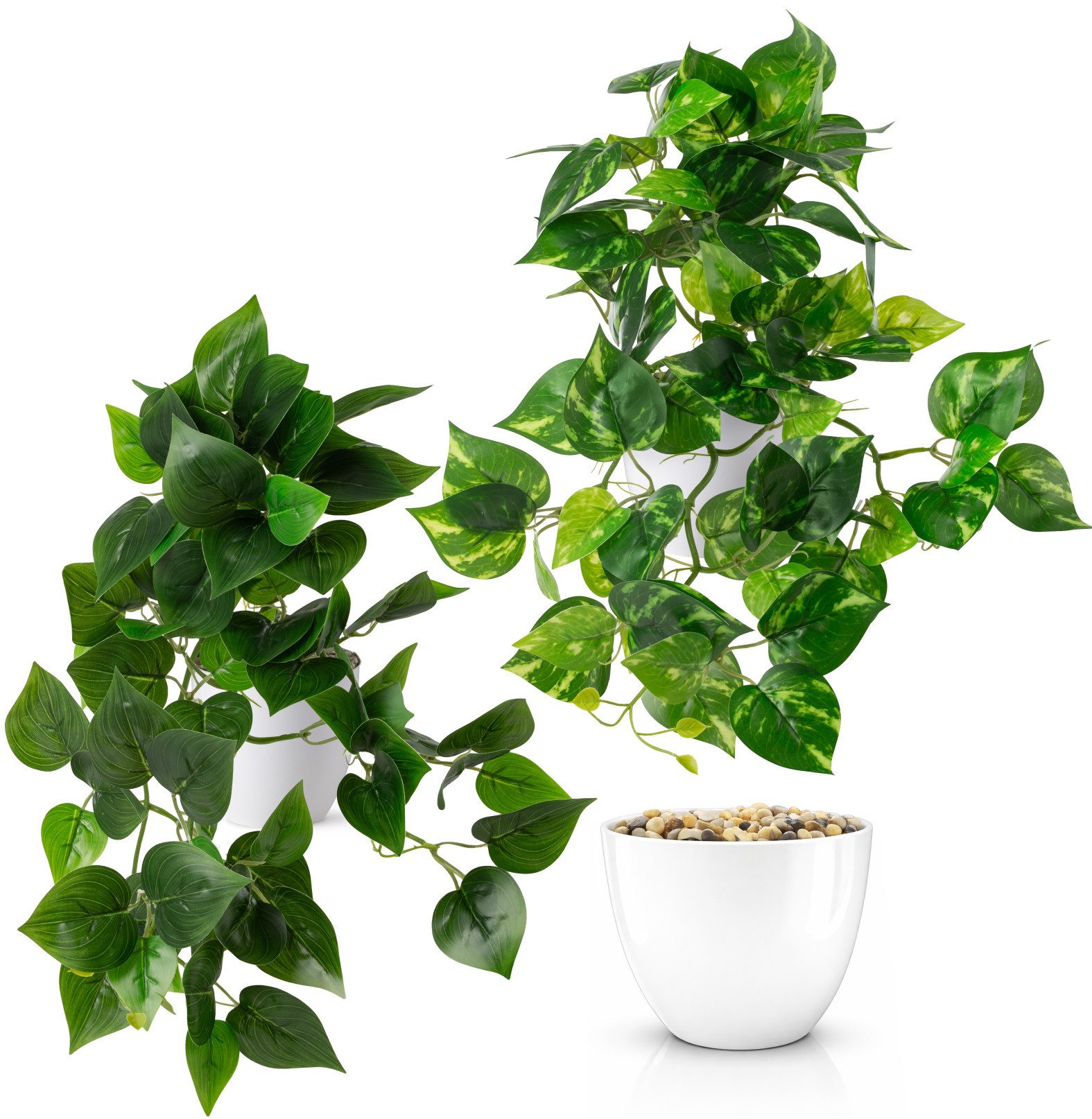 Kunstpflanze Künstliche Hängepflanzen im bruchfesten Topf, Hängepflanze künstlich Efeu, Monstera, Philodendron, Calathea, Pfeilblatt, Mosaik- & Zebrapflanze, PASCH, Bruchfester weißer Kunststofftopf