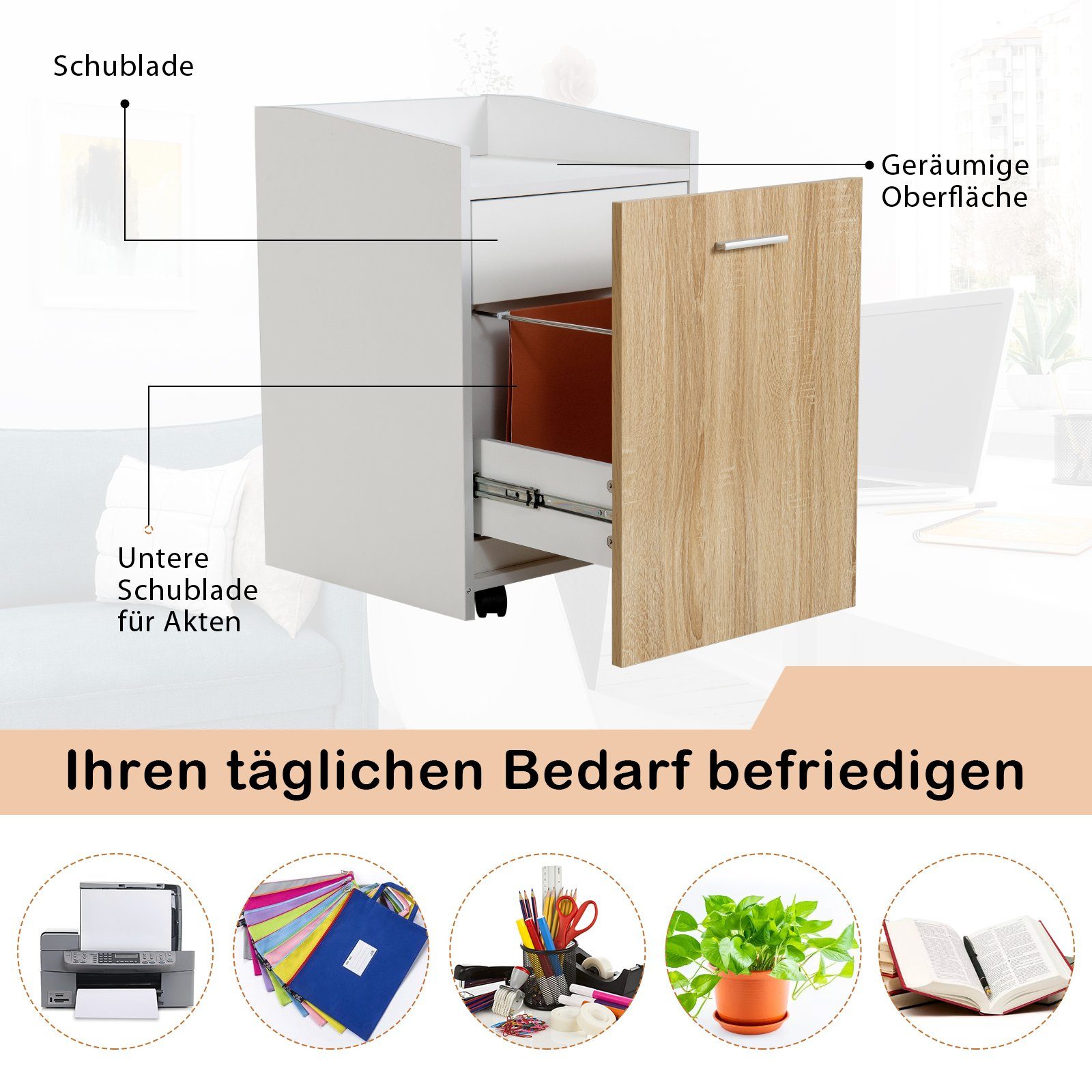 und 62 41,5 40 mit 4 2 Rollcontainer, x COSTWAY x Rollen, Schubladen cm