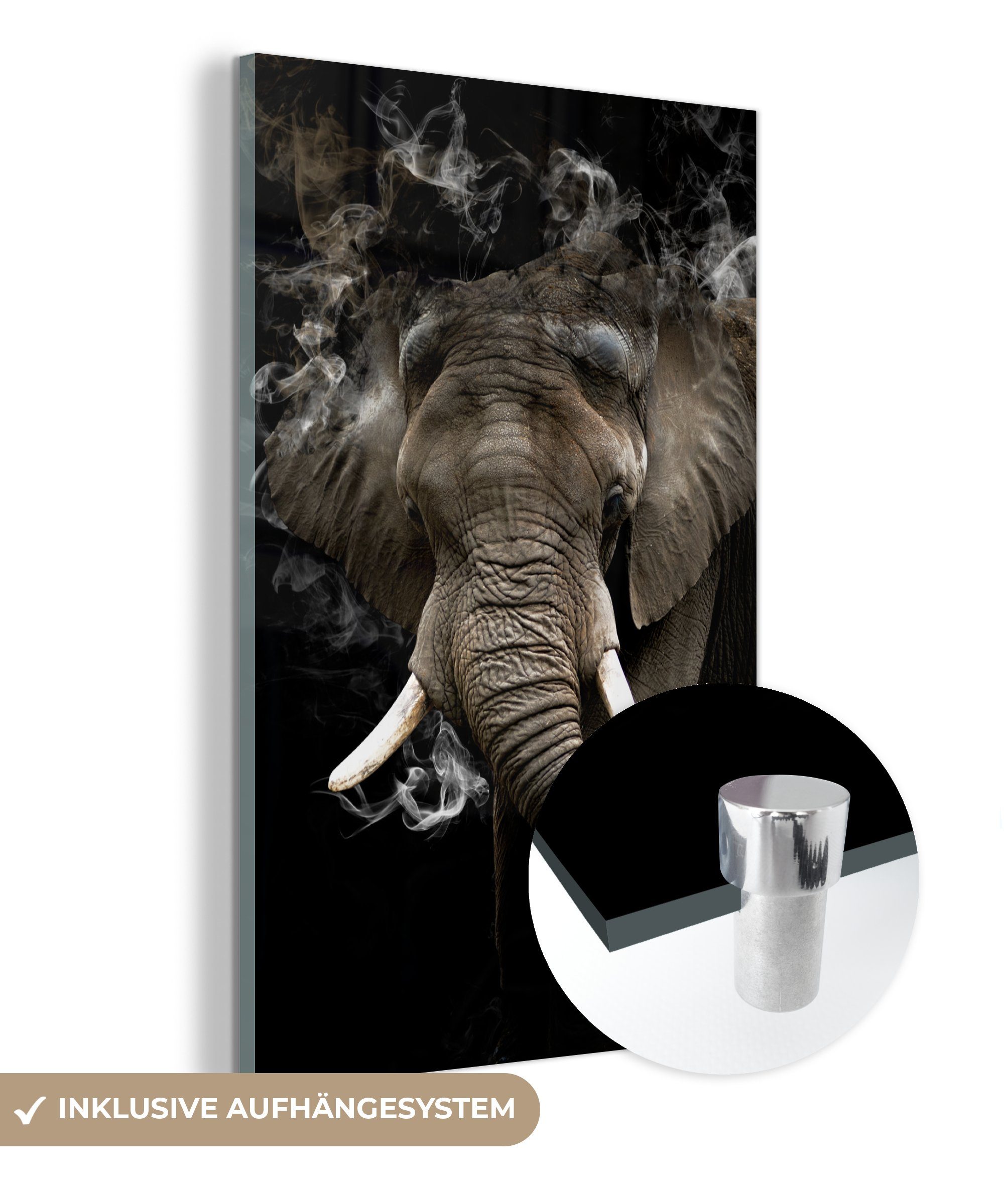 MuchoWow Acrylglasbild Elefant - Rauchen - Schwarz, (1 St), Glasbilder - Bilder auf Glas Wandbild - Foto auf Glas - Wanddekoration bunt