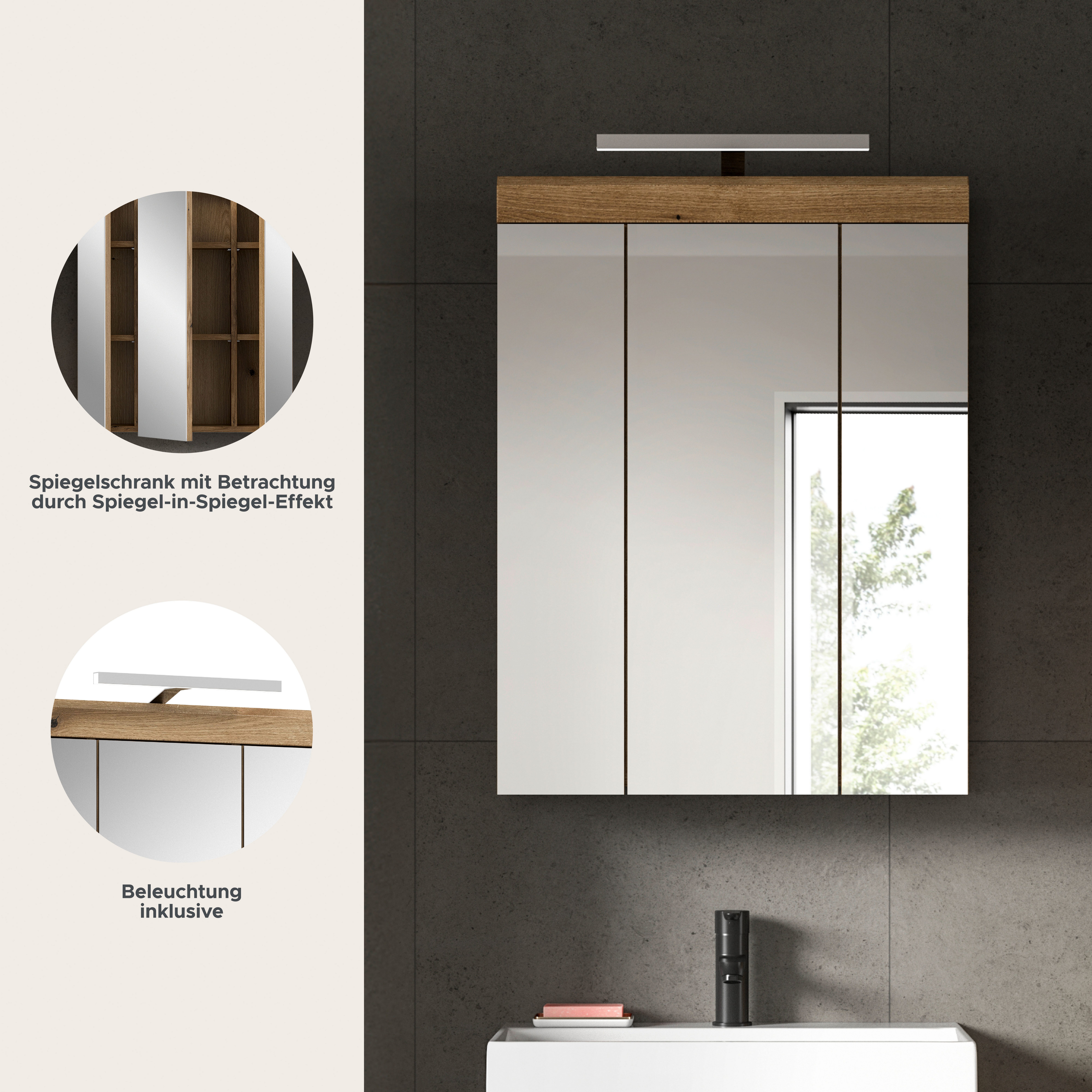 welltime Badezimmerspiegelschrank SIENA, Breite 60cm, inkl. Beleuchtung, 3 Spiegeltüren, 9 Fächer (Set, TOPSELLER) in verschiedenen Farben erhältlich, Badmöbel, – Bild 3 von 5