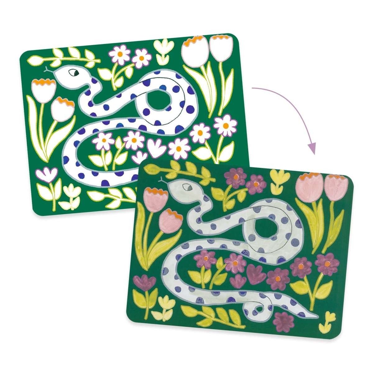 DJECO Malvorlage Malset Kinder ab 3 Jahre, 4 Tierbilder, Pinsel, Palette, kreatives Set