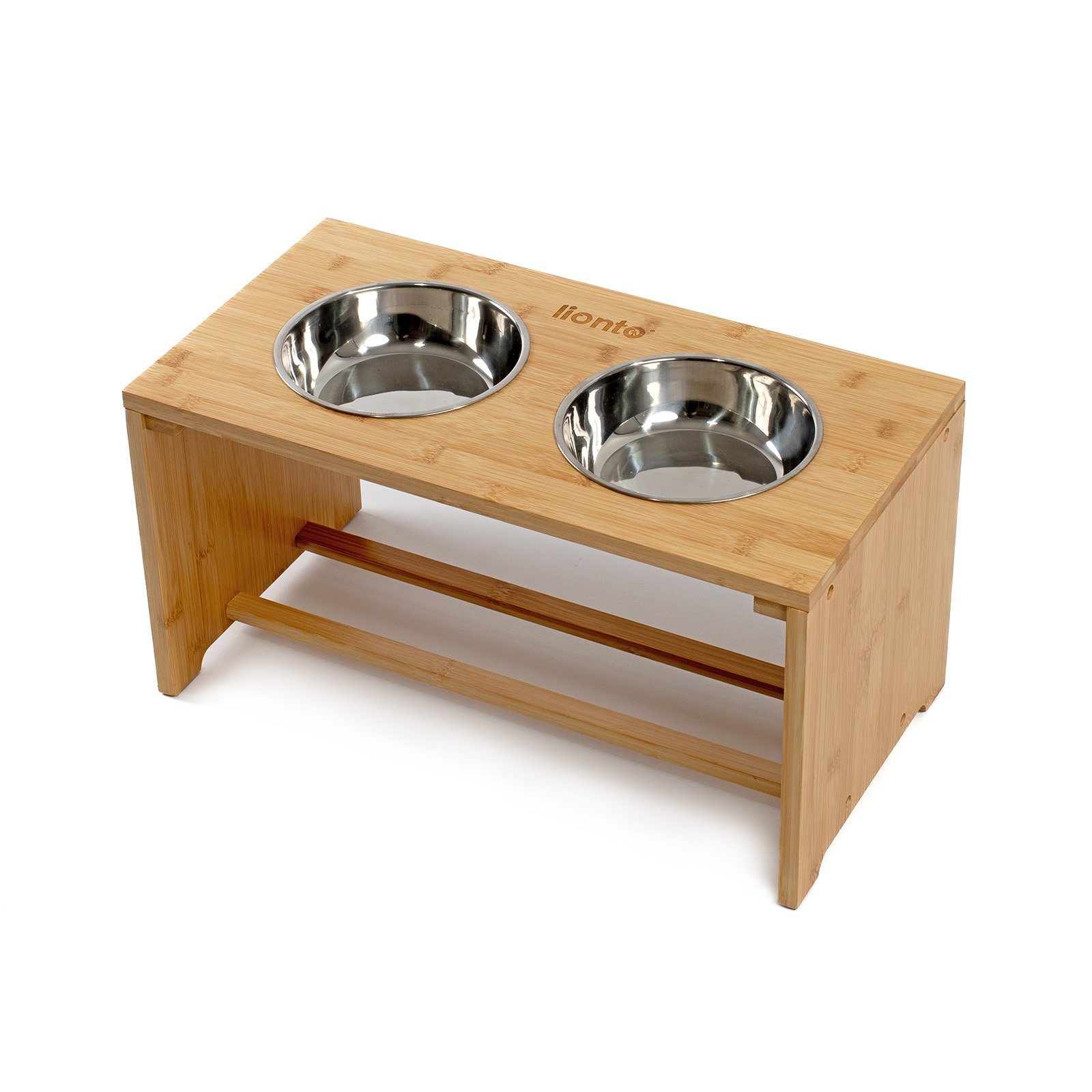 lionto Futterstation erhöht aus Bambus & Edelstahl, Edelstahl, stilvolle Bambus-Futterbar mit rutschfesten Füßen & 2 Edelstahlnäpfen
