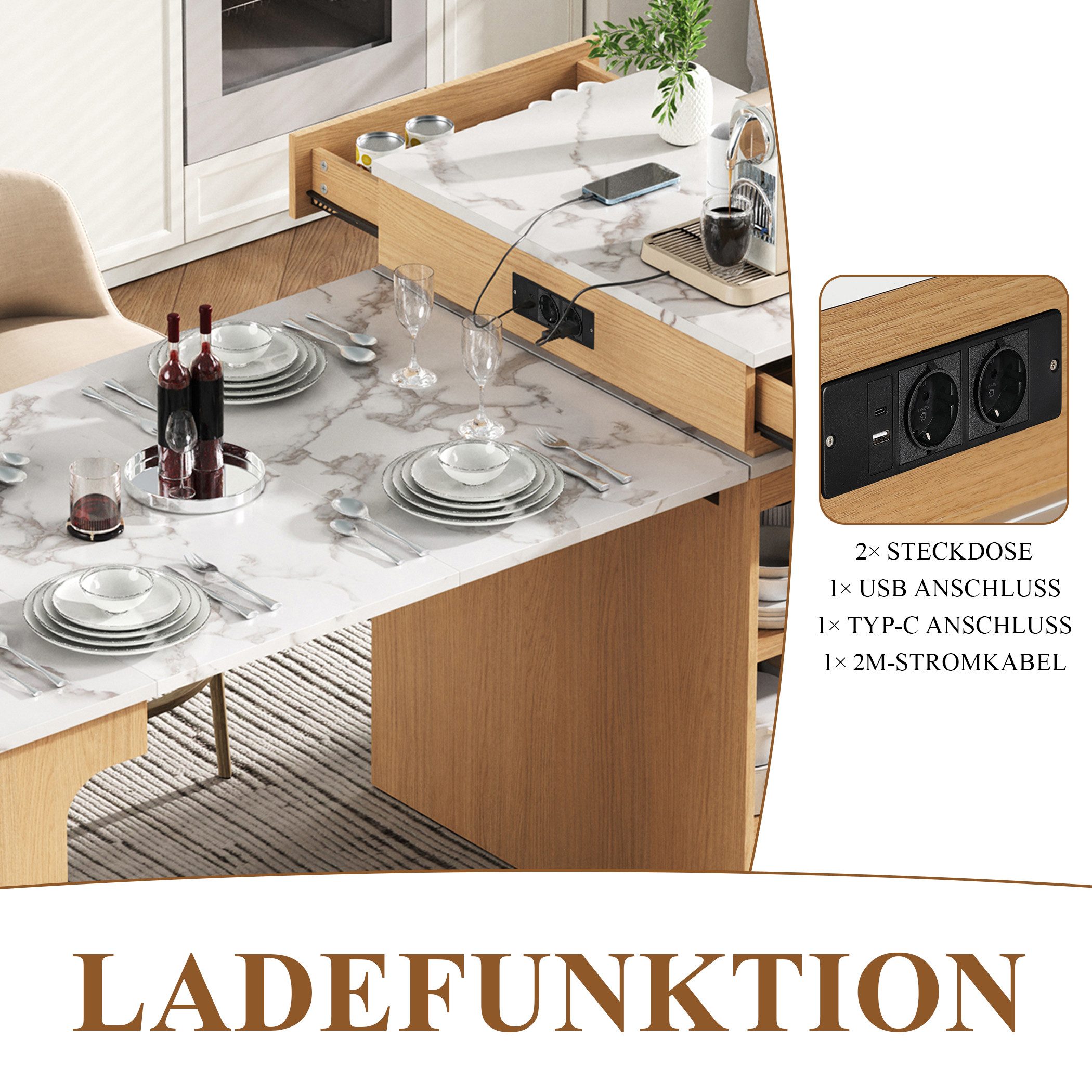 SeedWave Kücheninsel Allzweck Küchenschrank mit Ausziebarem Esstisch, Ladefunktion, 2 Schubladen, Ablagefächer mit höhenverstellbare Einlegeböden