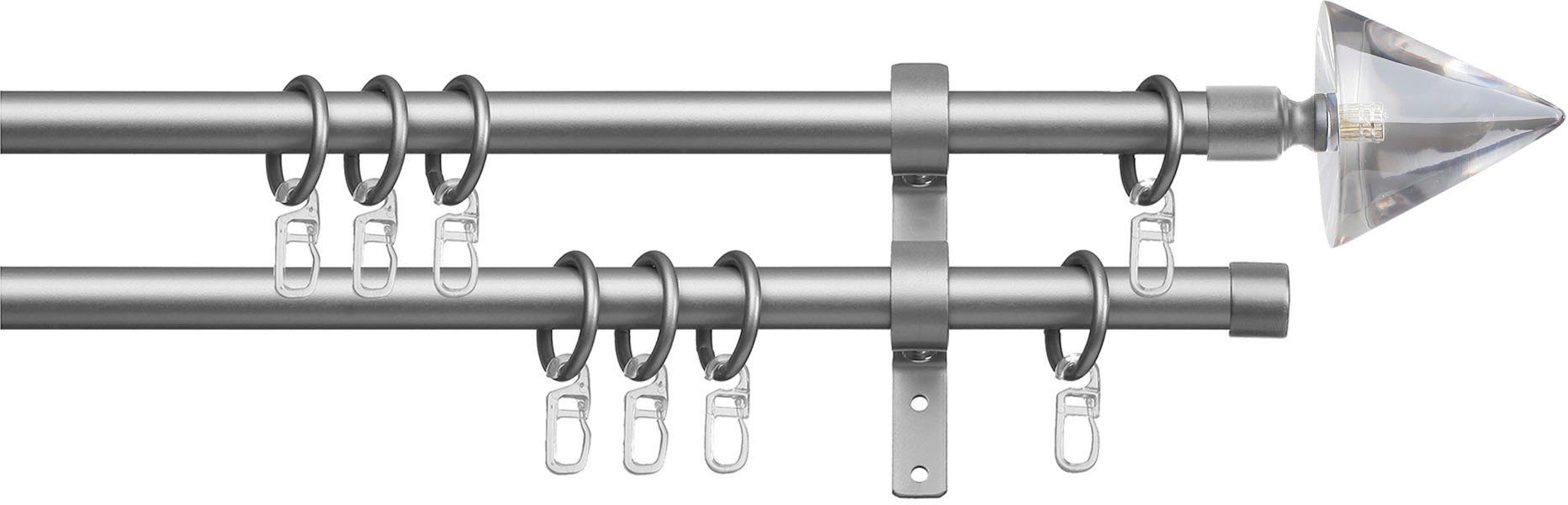 Glas Ø Ringen Komplett-Set 16 indeko, Fixmaß, Gardinenstange Montagematerial 2-läufig, inkl. mm, Kegel und klar, Stahl, verschraubt,