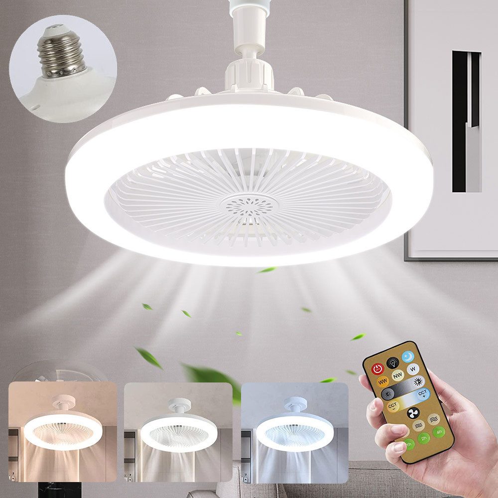 Rosnek Deckenventilator mit LED Beleuchtung und Fernbedienung, E27 25 cm lampe mit ventilator, 360°Rotation und 3 Geschwindigkeiten Ventilator mit Dimmbare Lampe