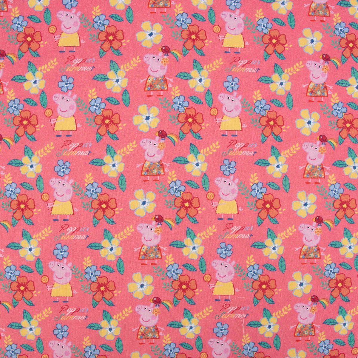 SCHÖNER LEBEN. Stoff Baumwollstoff Meterware Popeline Peppa Wutz Blumen rosa gelb grün, allergikergeeignet