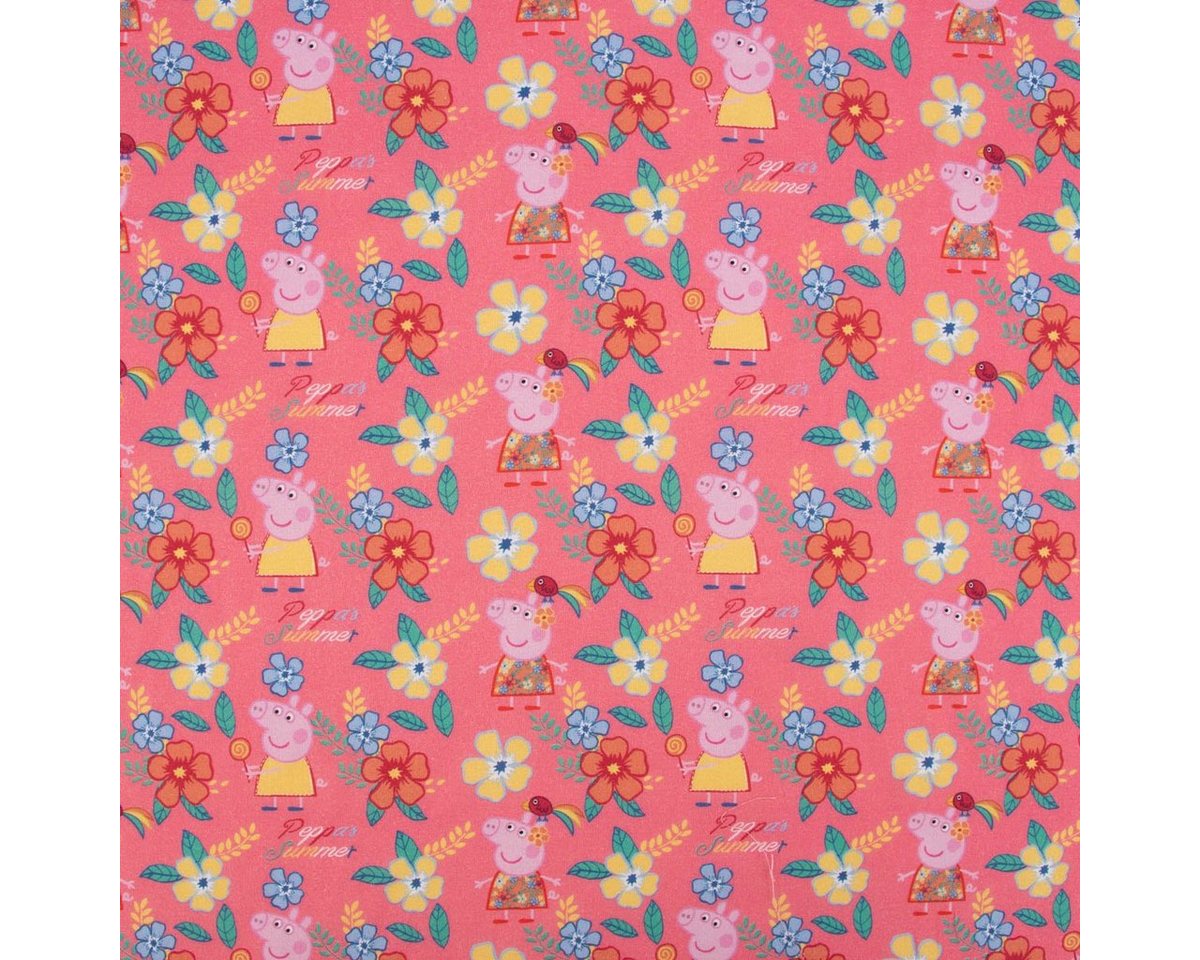 Thumbnail - SCHÖNER LEBEN. Stoff Baumwollstoff Popeline Peppa Wutz Blumen Schriftzug rosa gelb grün bl, allergikergeeignet