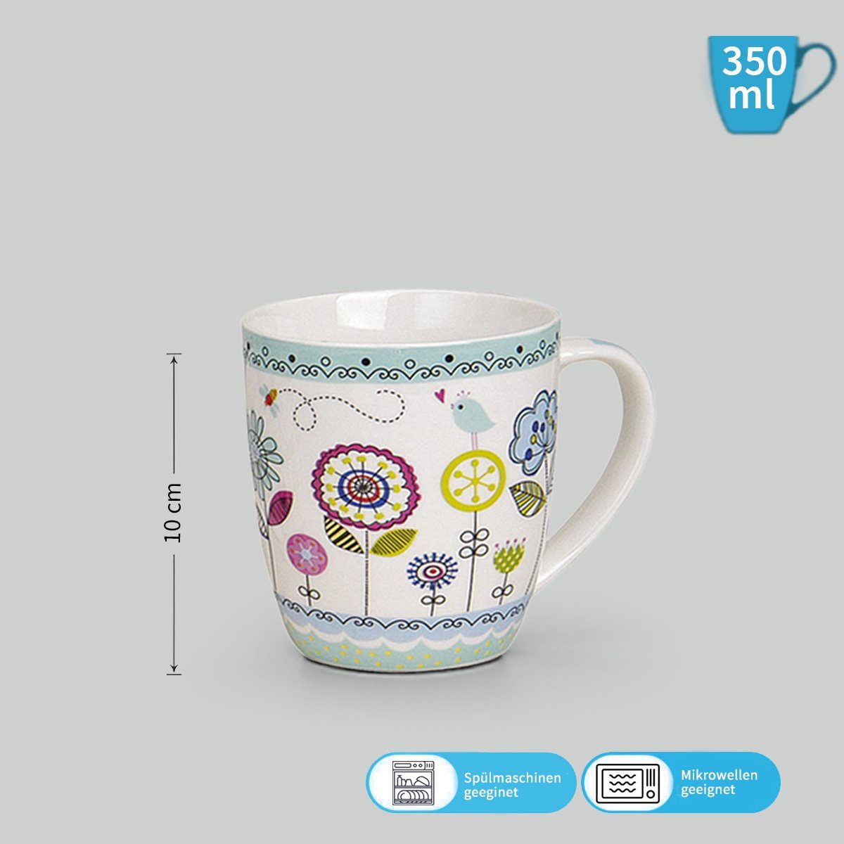 matches21 HOME & HOBBY Tasse Kaffeetassen 4er Set Blumen Herzen Sommer Frühling, 4-tlg., Porzellan, Tee Kaffee-Becher, modern, lila orange grün blau, 350 ml