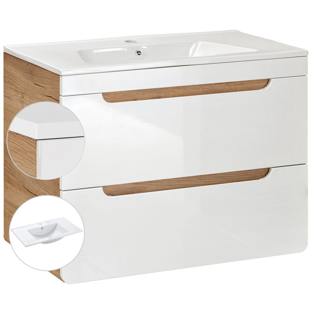 Lomadox Badmöbel-Set LUTON-56, (Spar-Set, 5-St), weiß mit Wotan Eiche Nb. m günstig online kaufen