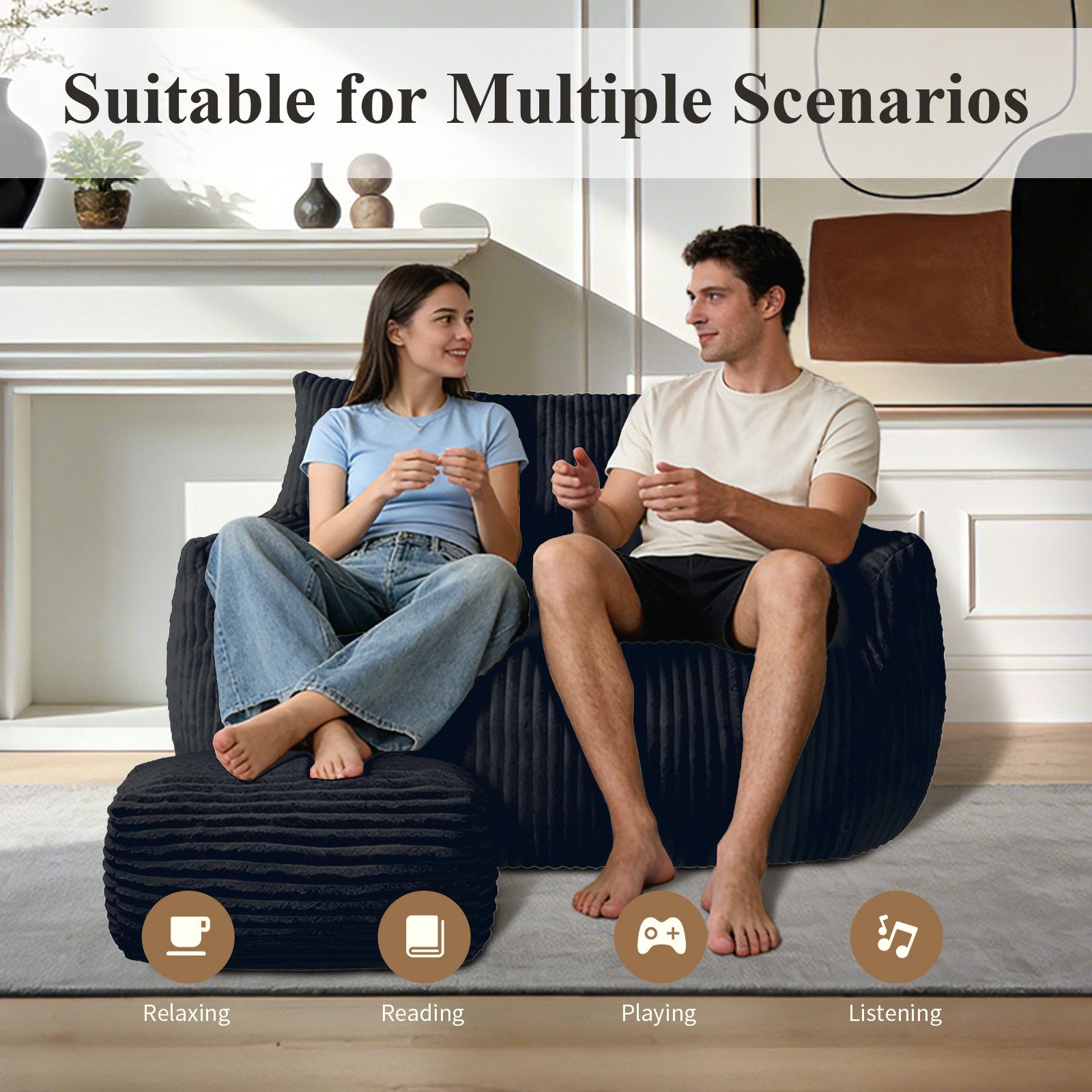 Odikalo 2-Sitzer Sofas wohnzimmer Loungesofa Relaxsessel Sitzsack mit Schlaffunktion, Doppel-Sitzsack mit Hocker–Große Sitzsack-Lounger für Erwachsene Jugendlic – Bild 2 von 5