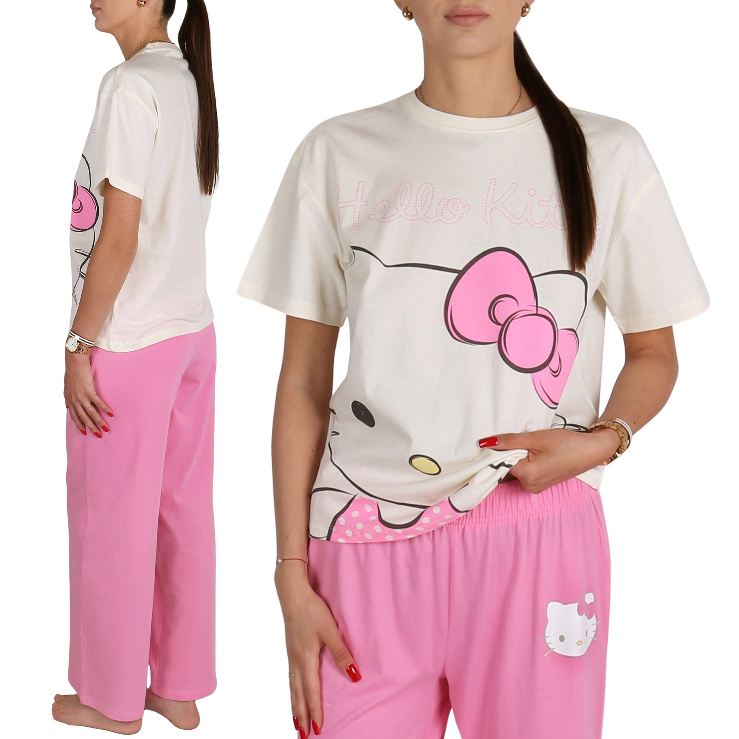 Hello Kitty Schlafanzug Hello Kitty Damen-Baumwollpyjama, 2-teilig, Kurzarm & lange Hose