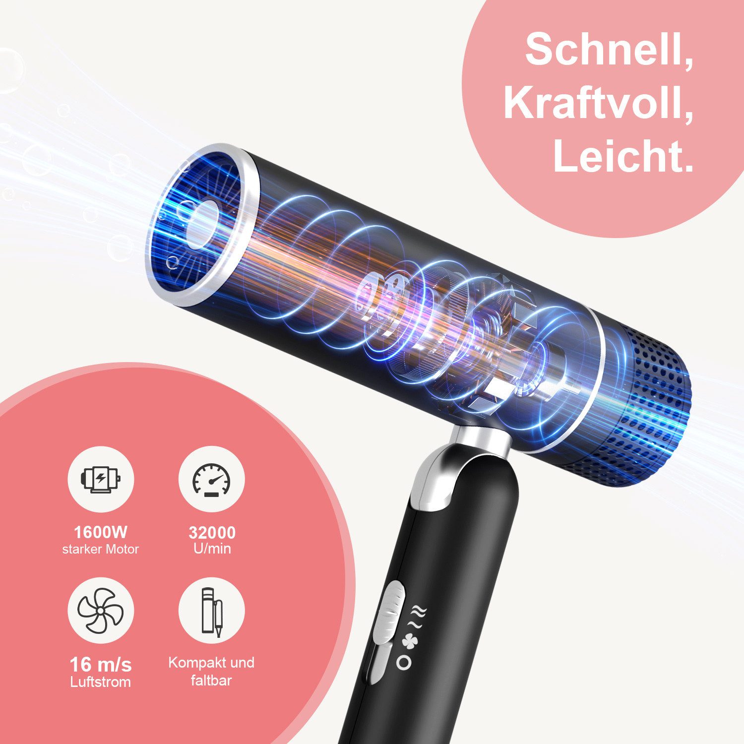 MCURO Haartrockner Faltbarer Ionen Reiseföhn, 1600,00 W, Anti-Frizz, 3 Temperaturstufen, 2 Luftstärken, für Urlaub & Alltag, mit Stylingdüse oder Diffusor, ultraleicht & platzsparend