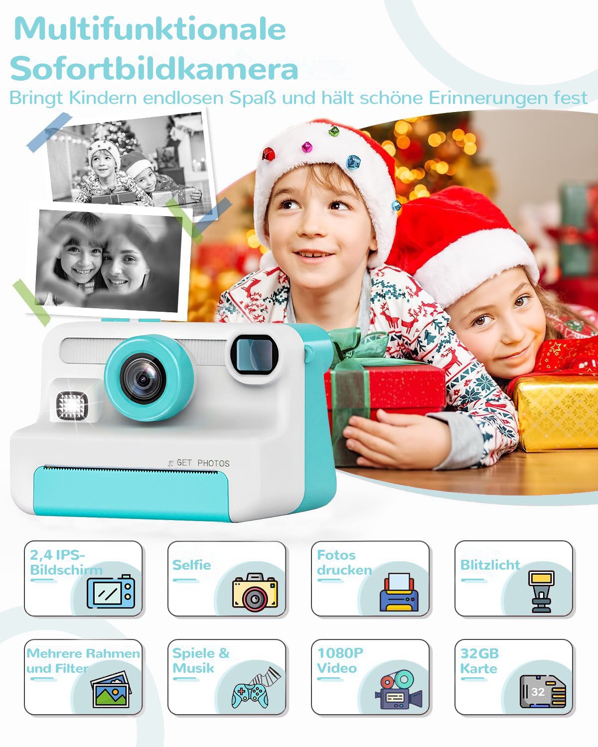 FOSMET Kinderkamera Sofortbildkamera,1080P 2,4" Display Digitalkamera Kinder Kinderkamera (30 MP, 8x opt. Zoom, inkl. Lustige Kinderspielzeug Geschenke für Jungen & Mädchen von 3-12 Jahren, 30MP Sofortbildkamera Kinder mit 32GB Karte & 3 Rollen Druckpapier)