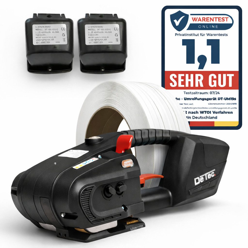 DeTec. Elektrowerkzeug-Set DT-UM19s Umreifungsgerät mit 2 Akkus + PP Umreifungsband 12mm 2300m, Bandspanner inkl. 2 Akkus und Umreifungsband