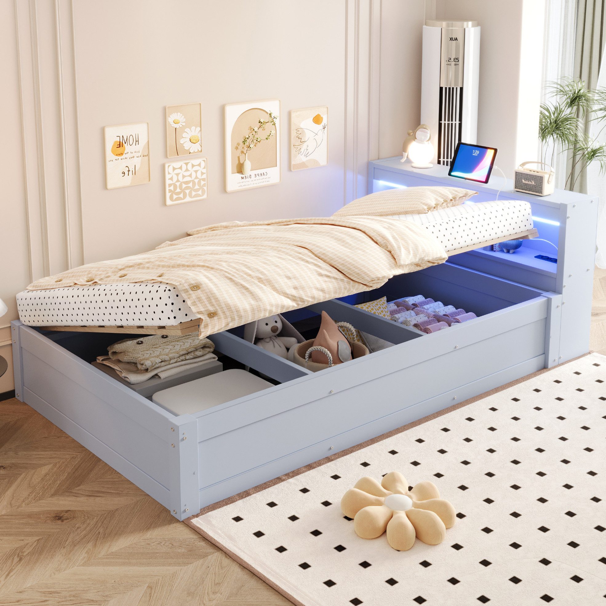 REDOM Schlafsofa Stauraumbett Kinderbett, mit hydraulischer Hebefunktion, Steckdose, 90x200 cm, LED-Lichtstreifen in mehreren Farben und praktischen Stauraumfächern, Einzelbett, ohne Matratze