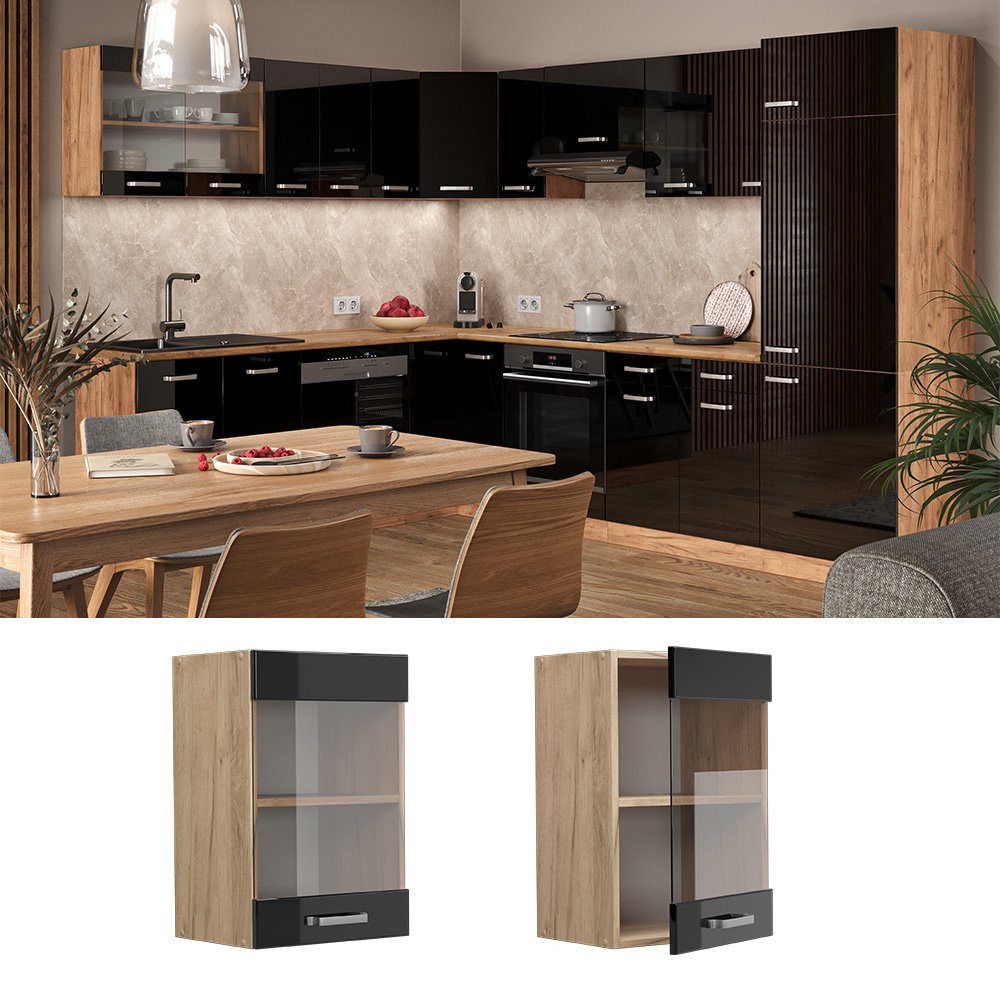 Vicco Glashängeschrank R-Line, Schwarz Hochglanz/Goldkraft Eiche, günstig online kaufen